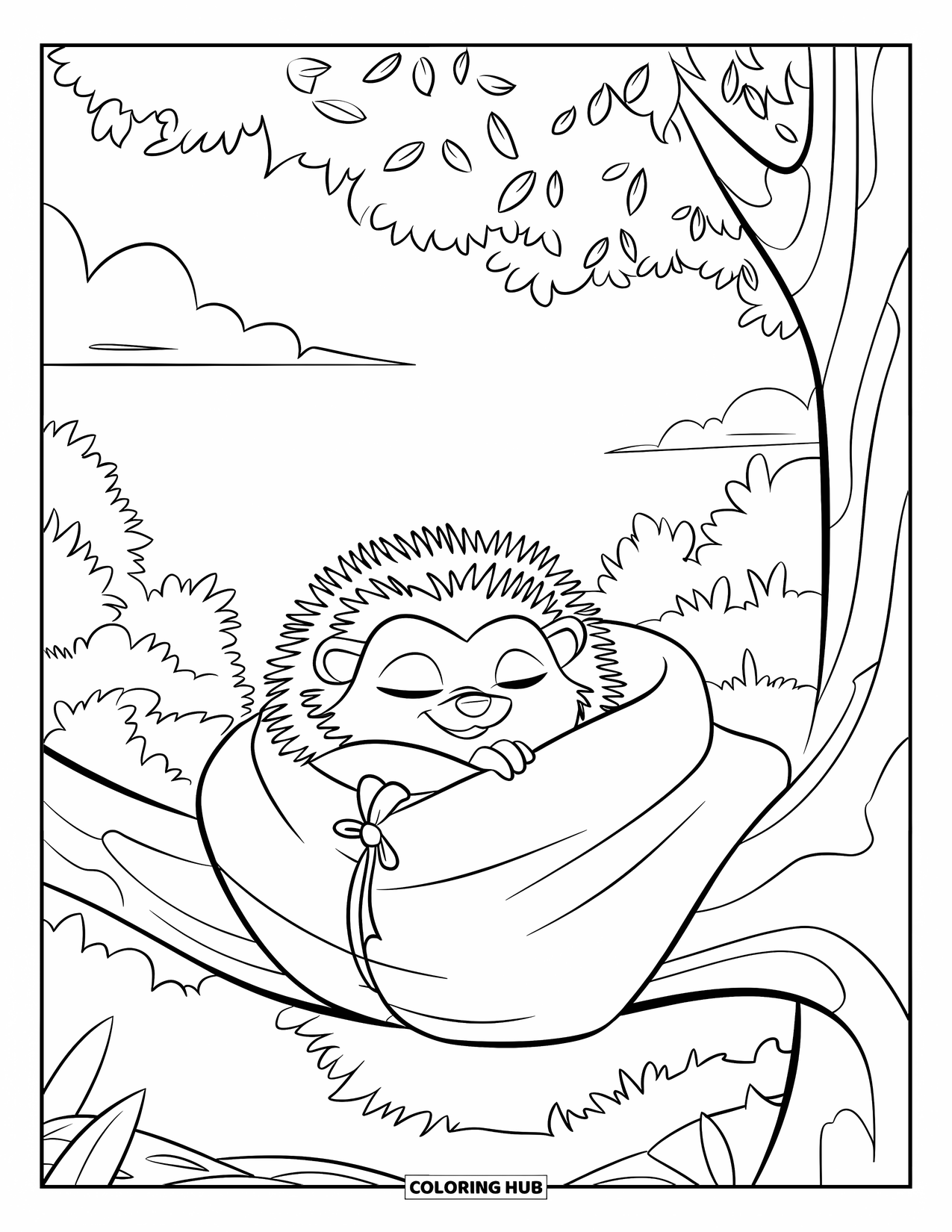 Hedgehog Coloring Page for Kids: Wrapped in a blanket, a hedgehog naps on a tree branch in a quiet forest
