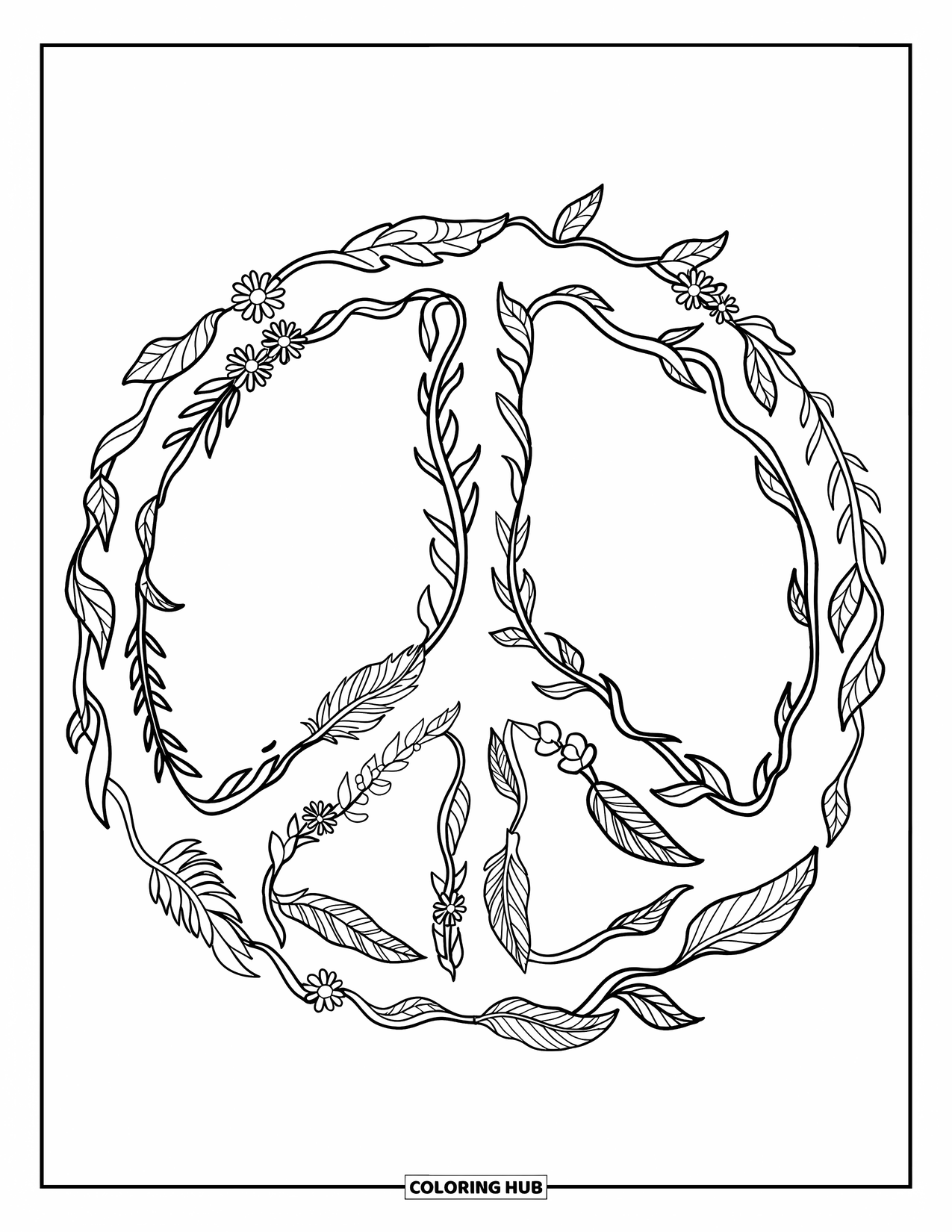 Desenho de hippie para colorir para adultos: Um sinal de paz florescendo com penas, folhas e vinhas entrelaçadas por toda parte