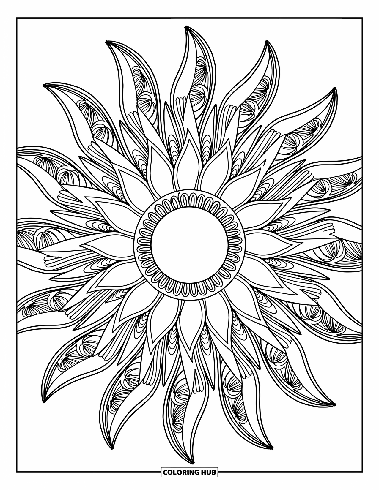 Desenho de hippie para colorir para adultos: Um sol mandala boho brilha com formas geométricas e raios rodopiantes