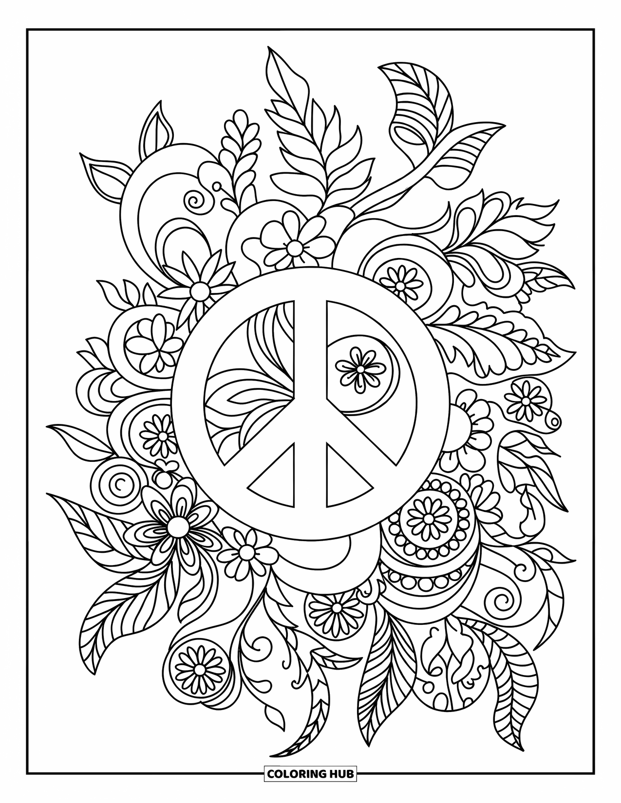 Desenho de hippie para colorir para adultos: Um sinal de paz central floresce com camadas de flores e padrões de folhas rodopiantes
