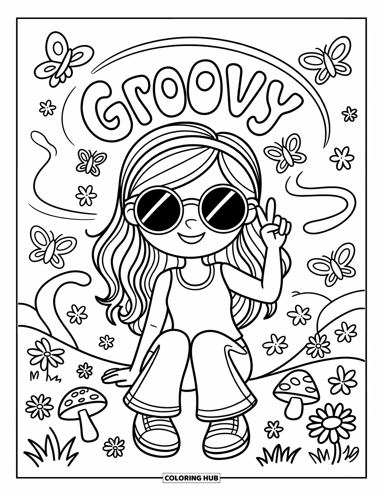 Desenho Hippie para Colorir para Adultos: Uma garota alegre com calças boca de sino e uma faixa de flores relaxa entre redemoinhos da natureza