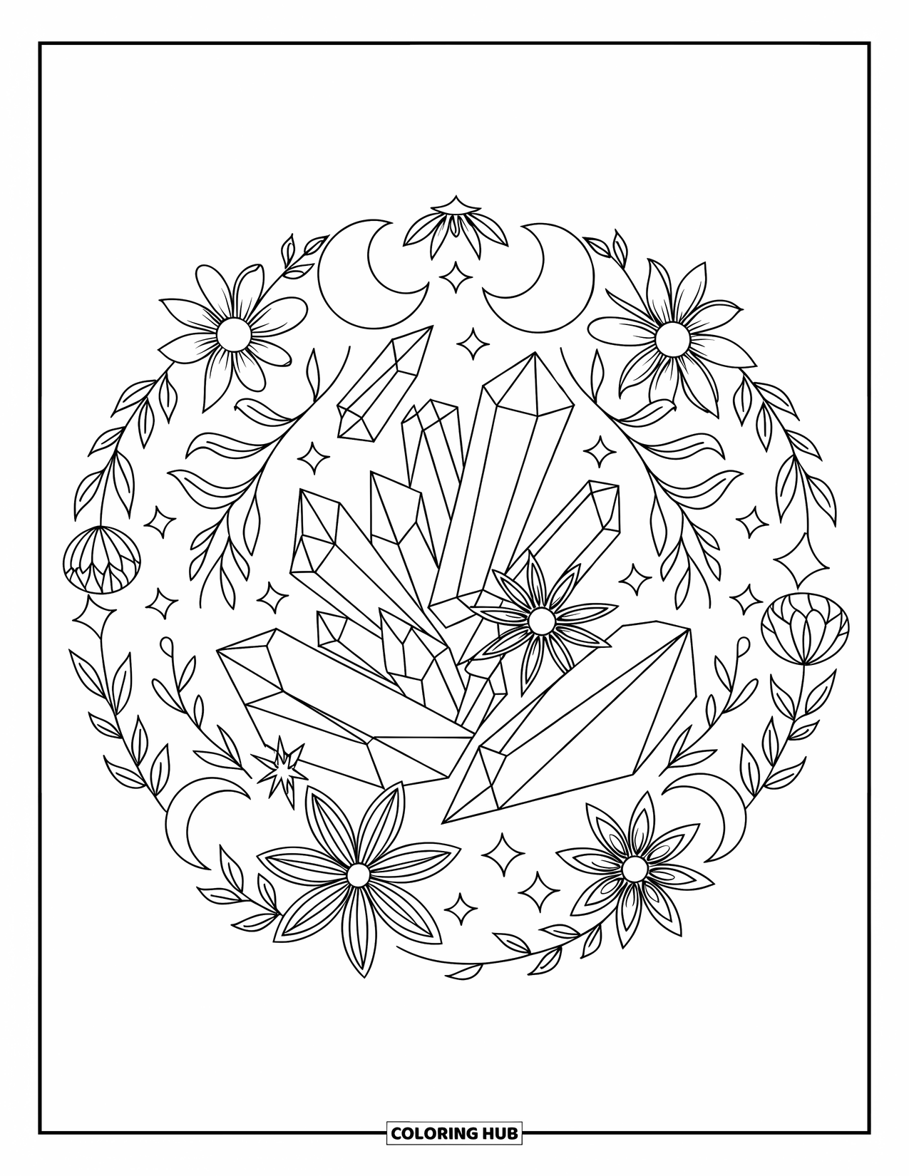 Desenho de hippie para colorir para adultos: Um design circular mistura estrelas, luas e cristais em um padrão floral calmante