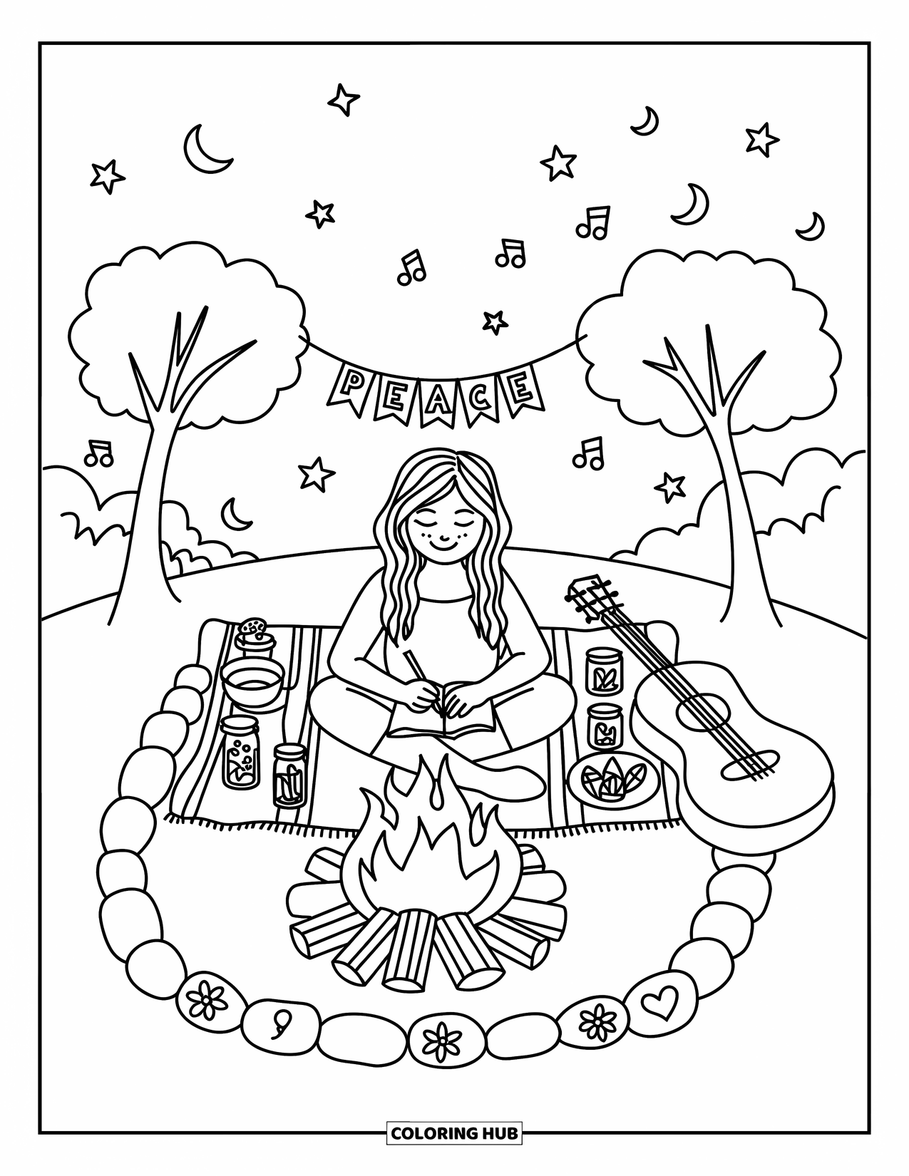 Desenho Hippie para Colorir para Adultos: Uma cena aconchegante de fogueira com um diário, violão e faixa da paz nas árvores