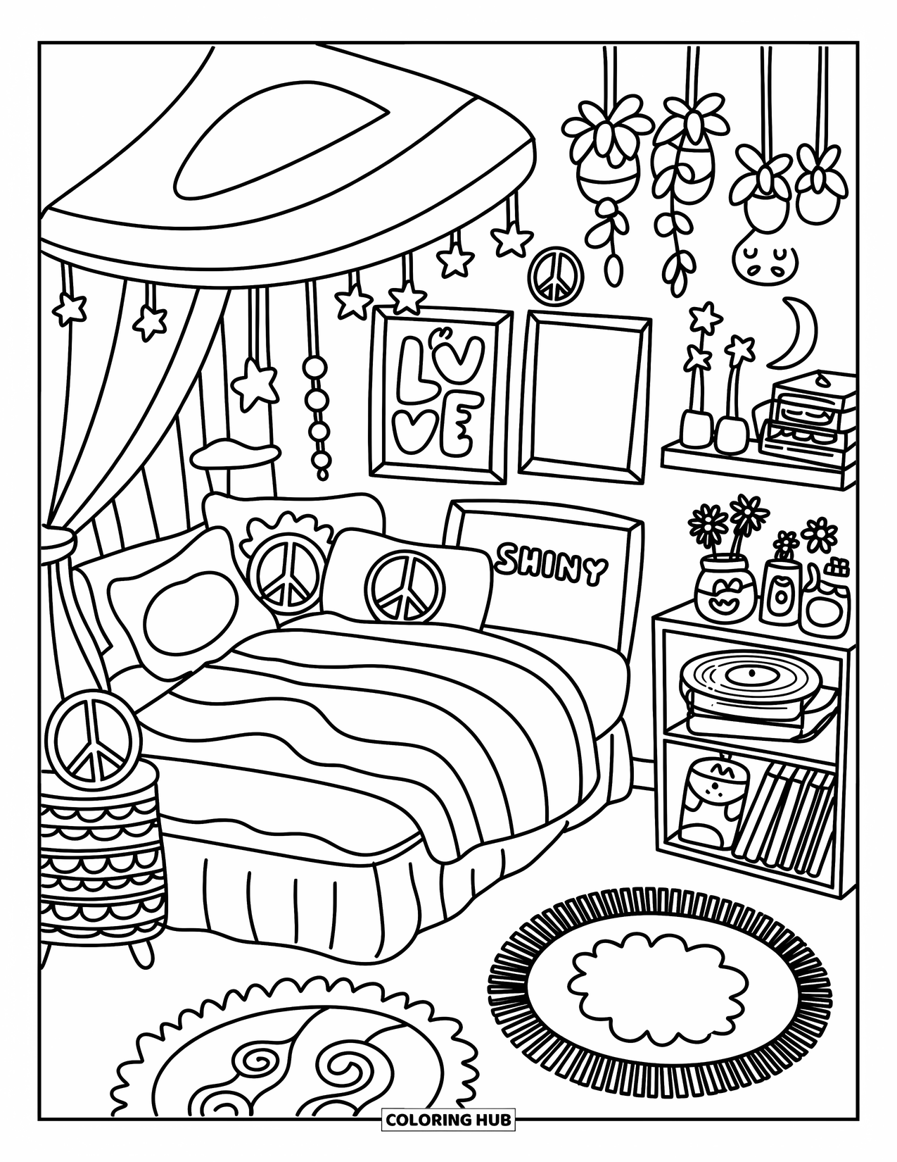 Desenho de hippie para colorir para adultos: Uma cama com dossel aconchegante com guirlandas de estrelas e travesseiros de paz preenche um quarto hippie dos sonhos