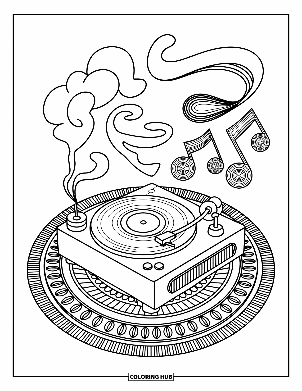 Desenho de hippie para colorir para adultos: Uma cena aconchegante de toca-discos com incenso, música e um tapete lindamente estampado