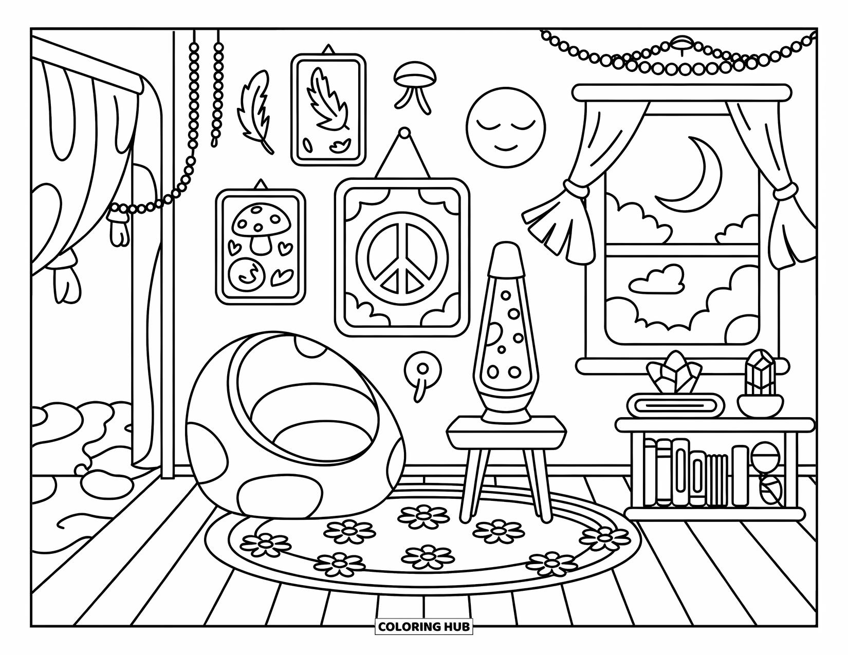 Desenho de hippie para colorir para adultos: Um quarto aconchegante com um puff, luminária de lava e estrelas sorrindo pela janela