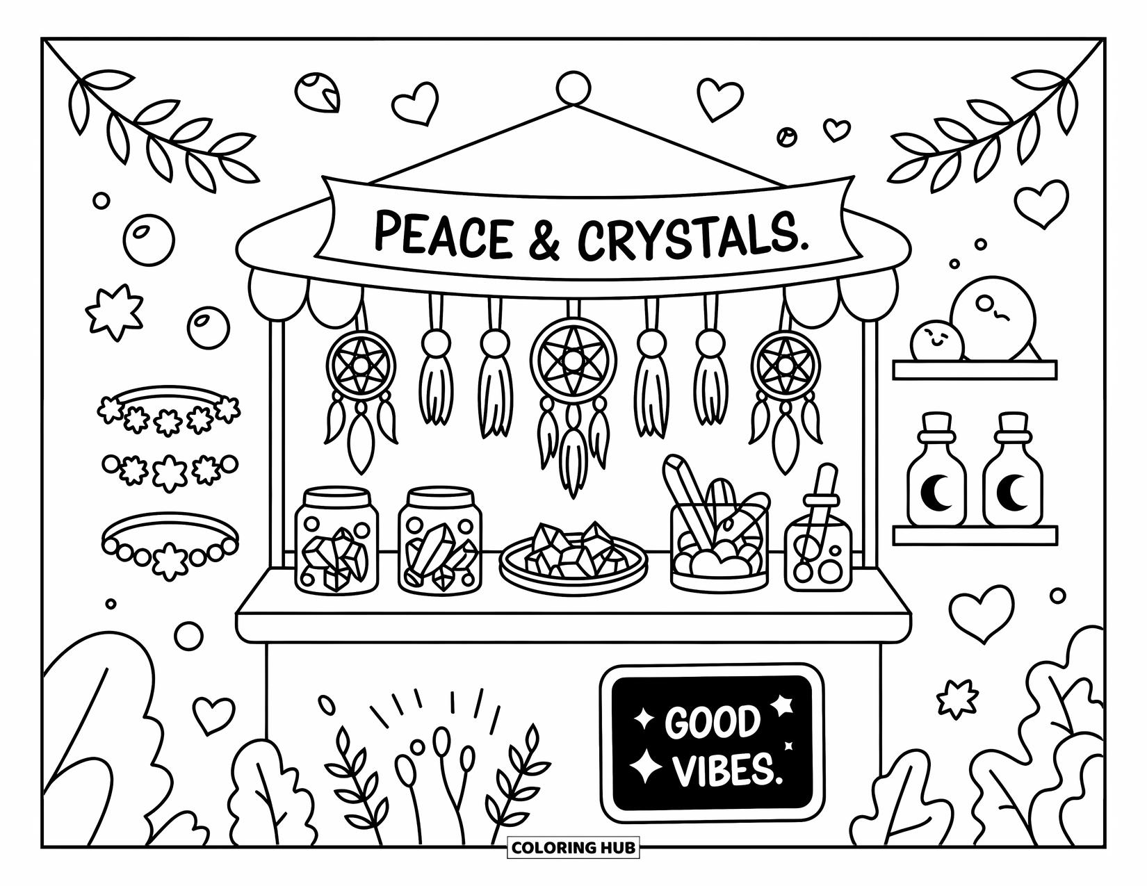 Desenho Hippie para Colorir para Adultos: Um suporte de cristal cheio de filtros dos sonhos, pedras preciosas brilhantes e uma placa de Good Vibes (Boas Vibrações)