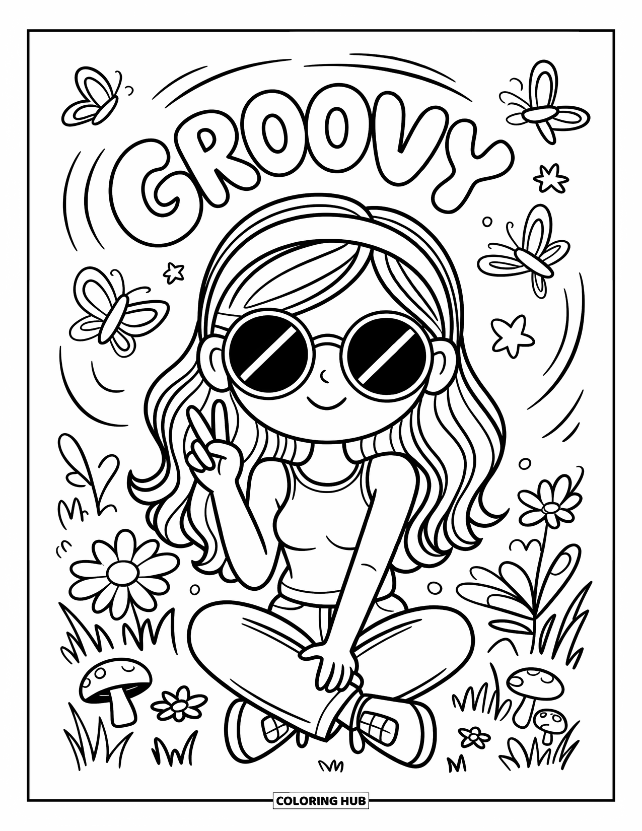 Desenho Hippie para Colorir para Adultos: Uma garota hippie fofa faz um sinal de paz em um prado cheio de margaridas e borboletas