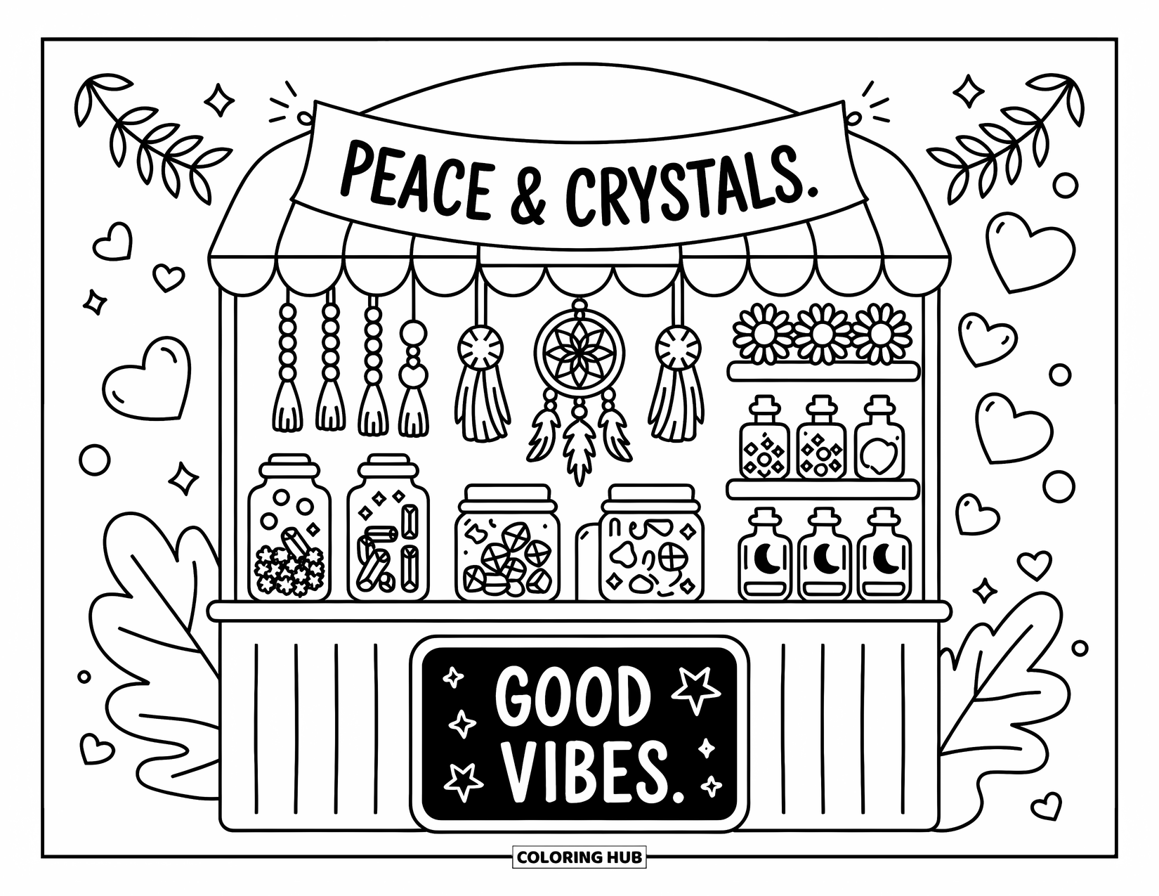Desenho de hippie para colorir para adultos: Uma barraca de mercado fofa vendendo cristais, frascos de lua e filtros dos sonhos com uma placa de Boas Vibrações