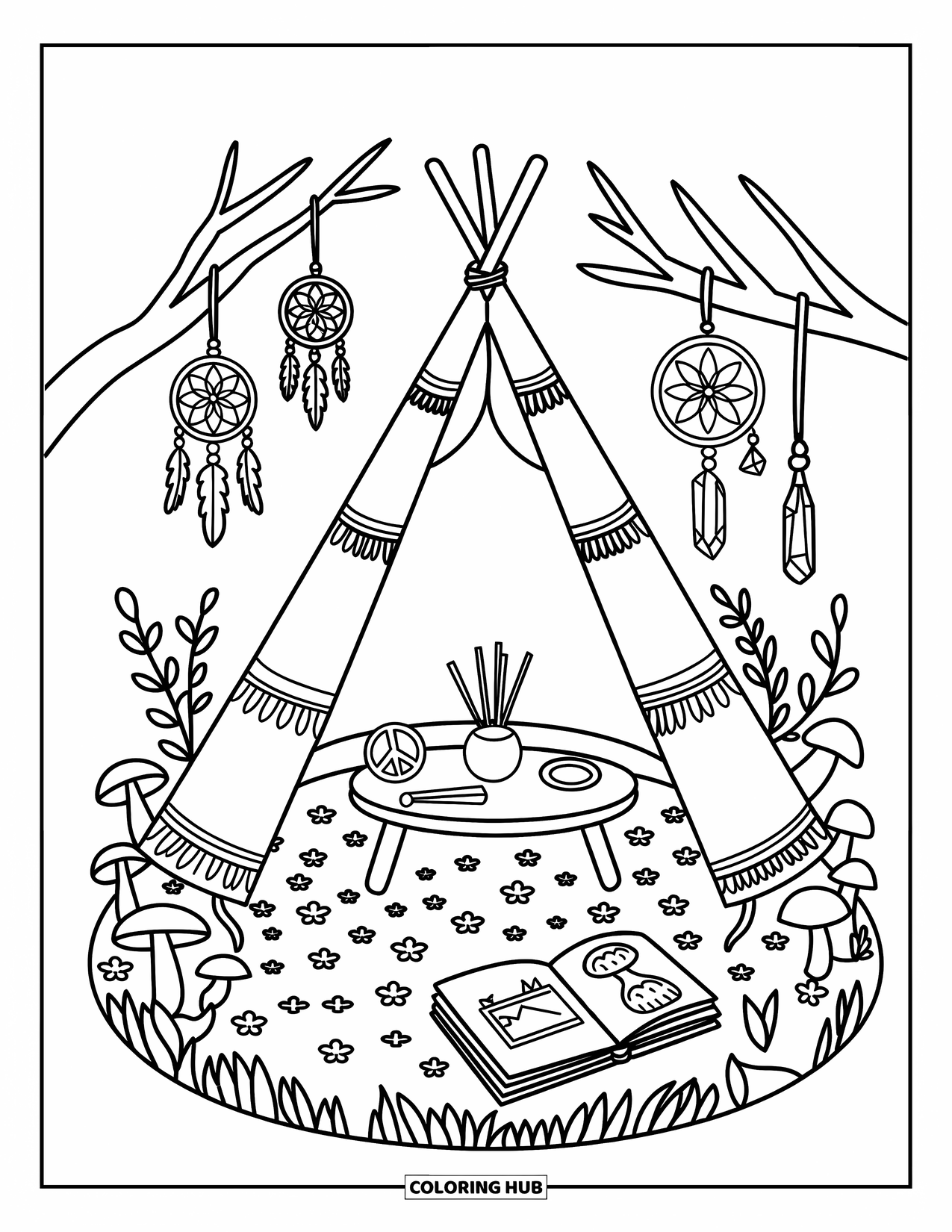 Desenho de hippie para colorir para adultos: Uma tenda dos sonhos na floresta com cadernos de desenho abertos e cristais de lua pendurados
