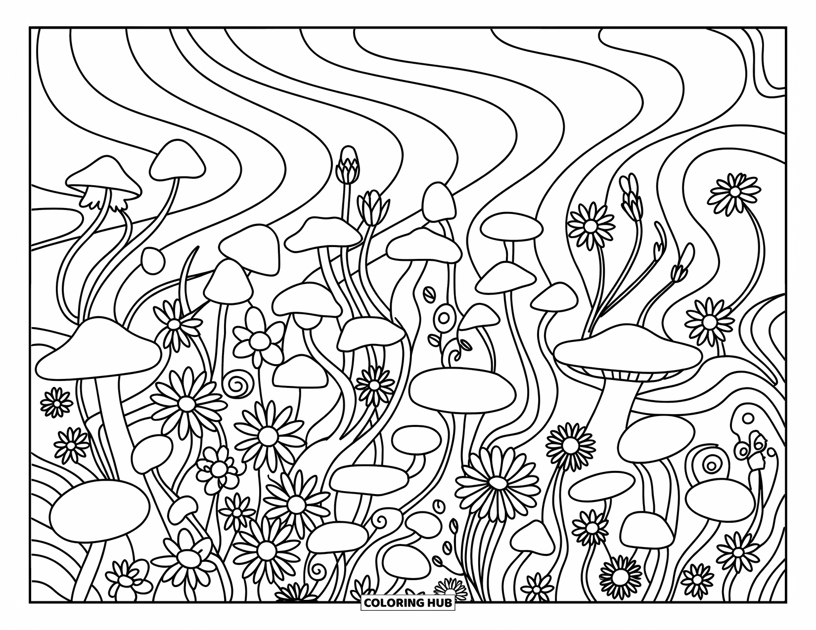Desenho de hippie para colorir para adultos: Uma mistura dos sonhos de cogumelos, flores silvestres e redemoinhos cria um jardim artístico e pacífico