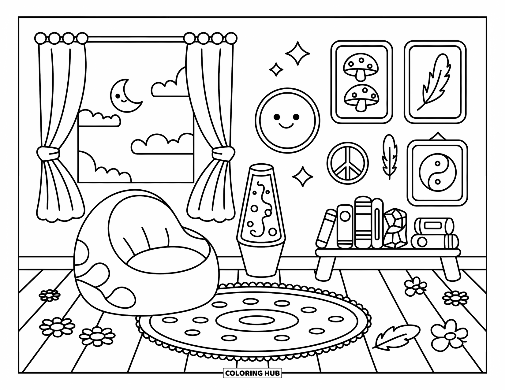 Desenho Hippie para Colorir para Adultos: Um quarto sonhador com uma lâmpada de lava, tapete estampado e lua tranquila lá fora
