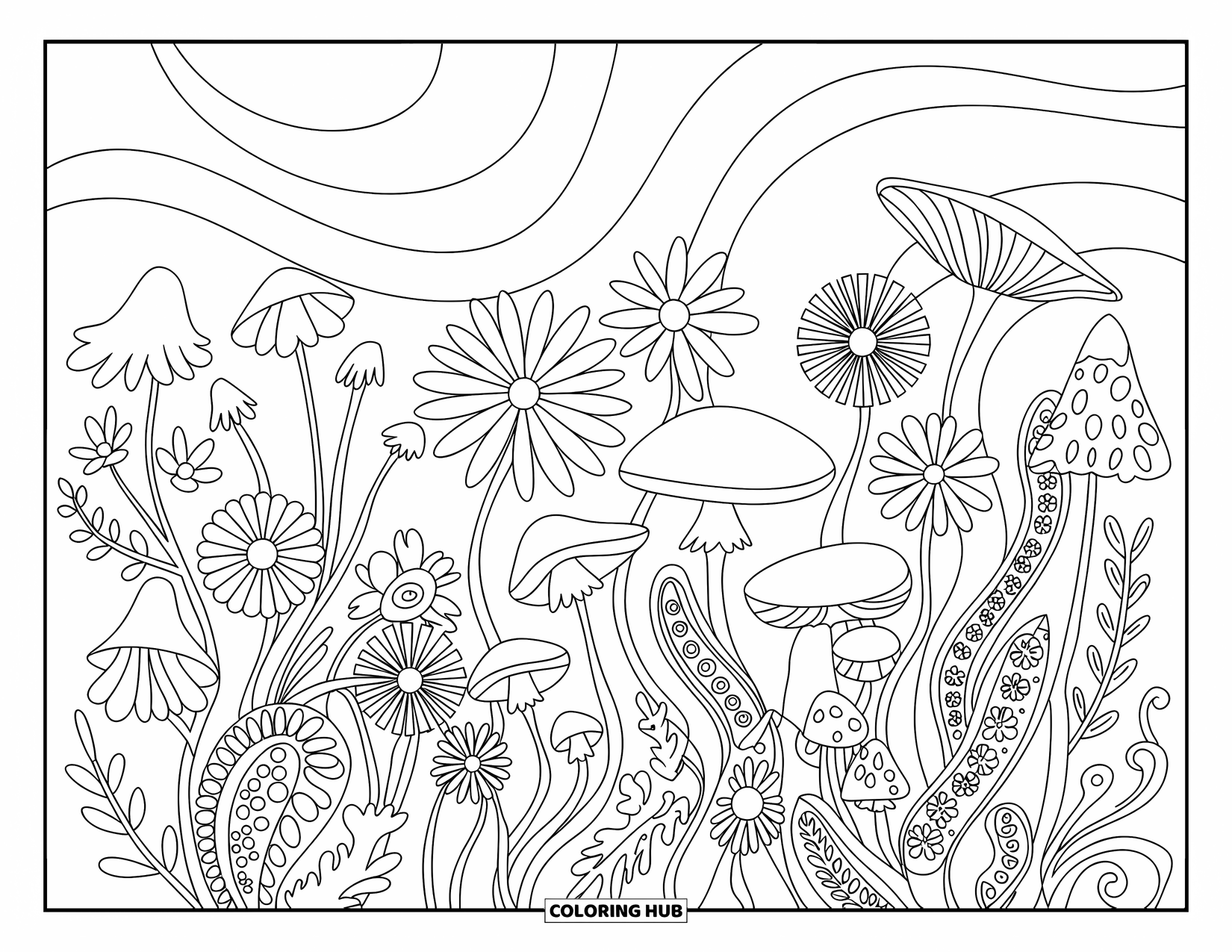 Desenho de hippie para colorir para adultos: Um campo de cogumelos e flores silvestres gira com padrões paisley e florais