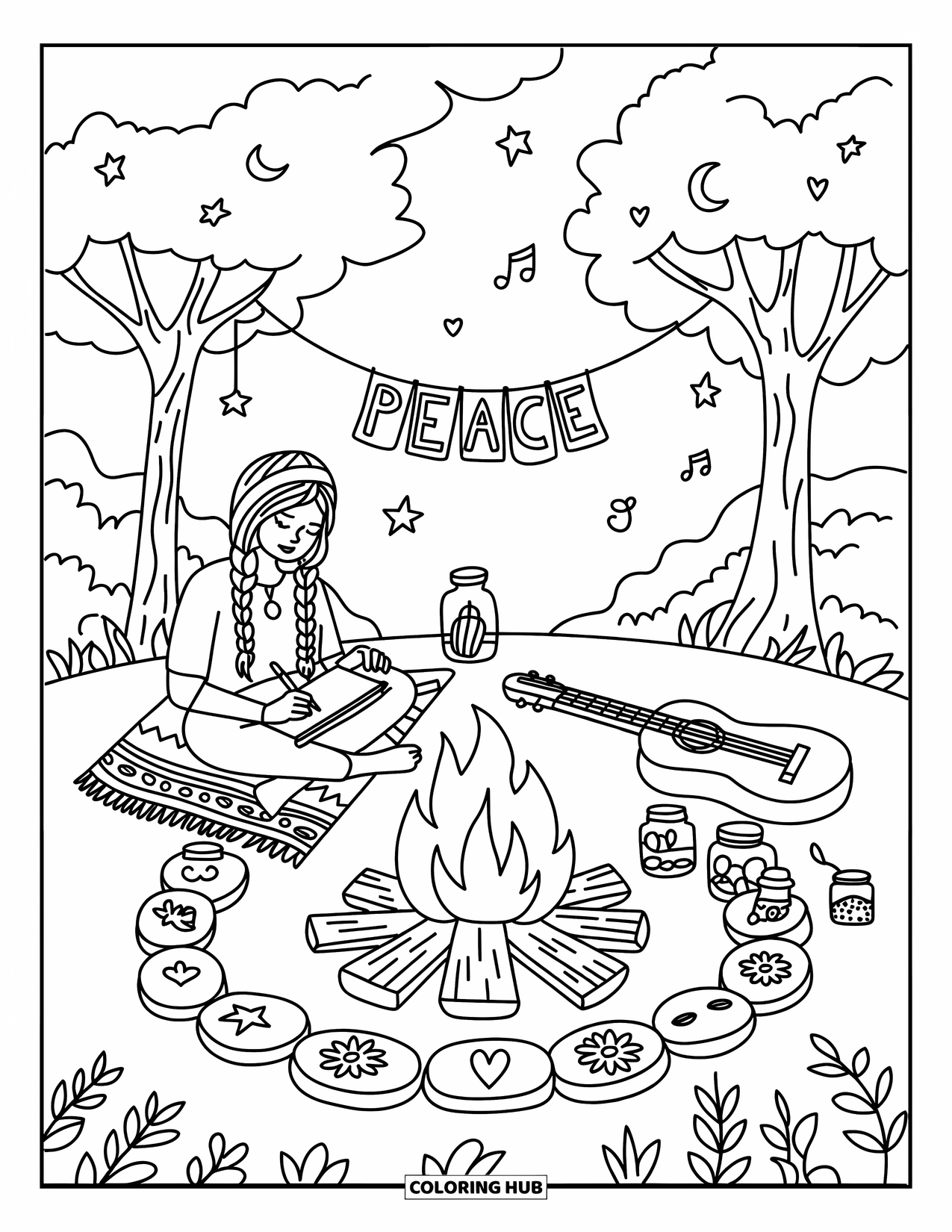 Desenho Hippie para Colorir para Adultos: Uma garota escreve junto à fogueira com cristais, chá e música sob um céu estrelado