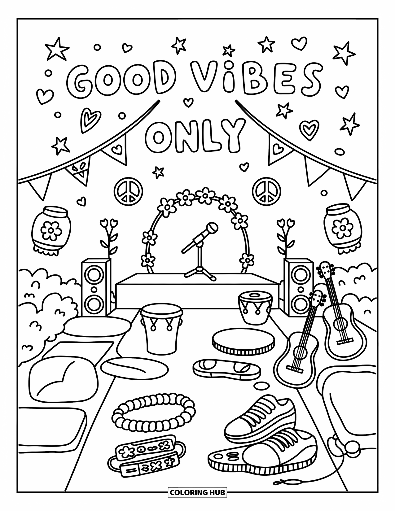 Desenho Hippie para Colorir para Adultos: Um festival de música estiloso com símbolos da paz, violões e Good Vibes Only (Só Boas Vibrações) em letras borbulhantes