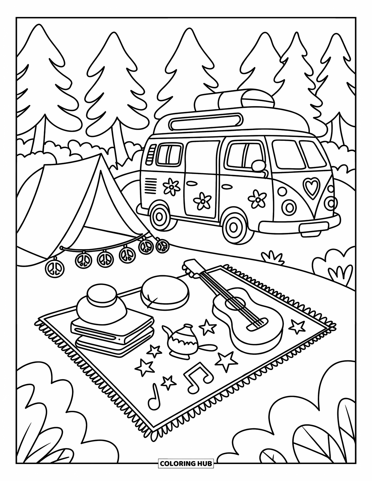 Desenho de hippie para colorir para adultos: Uma van legal e uma manta de piquenique cheia de discos, estrelas e luzes de paz