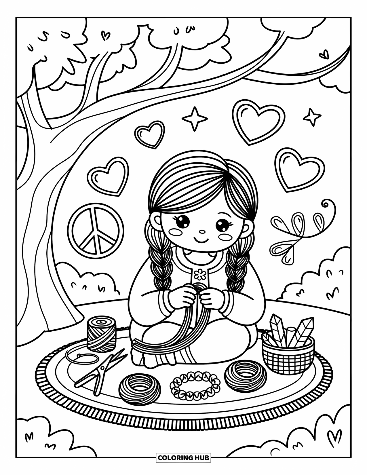 Desenho Hippie para Colorir para Adultos: Uma garota hippie senta-se sob uma árvore criando pulseiras com corações, contas e símbolos da paz