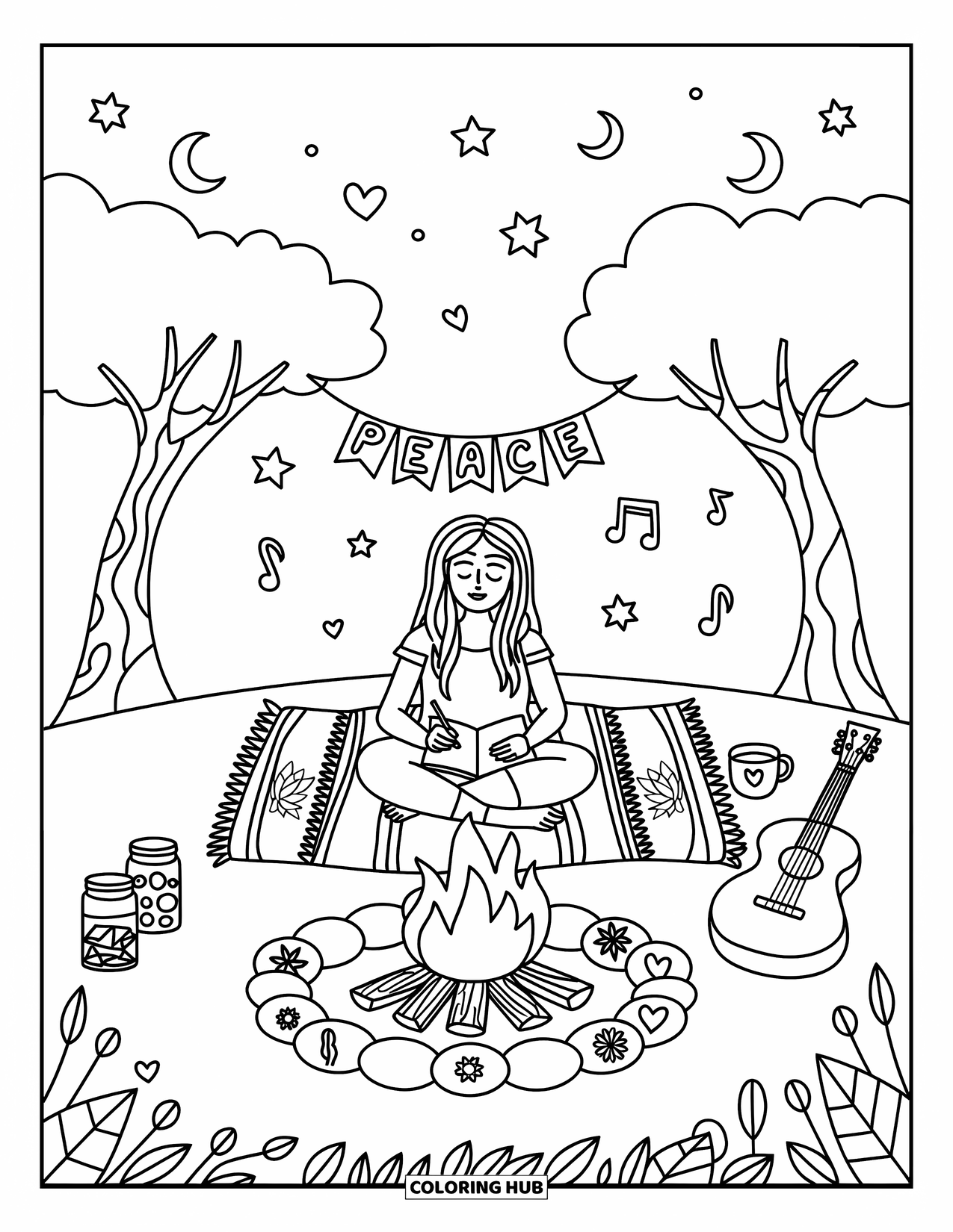 Desenho de hippie para colorir para adultos: Um momento de diário perto do fogo com estrelas, cristais e sinais de paz flutuantes
