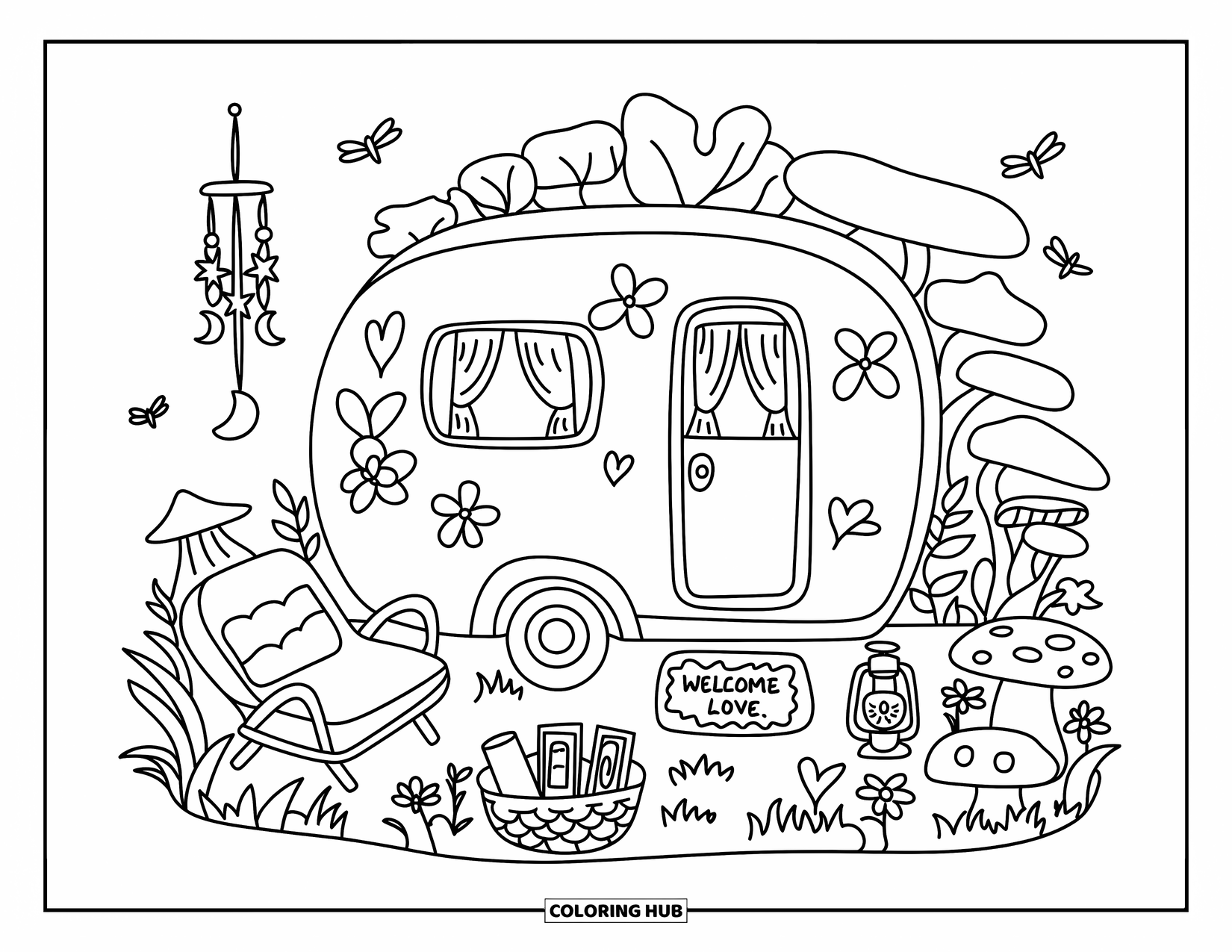 Desenho de hippie para colorir para adultos: Uma pequena caravana com uma cortina de contas e decoração de flores fica perto de cogumelos e flores silvestres