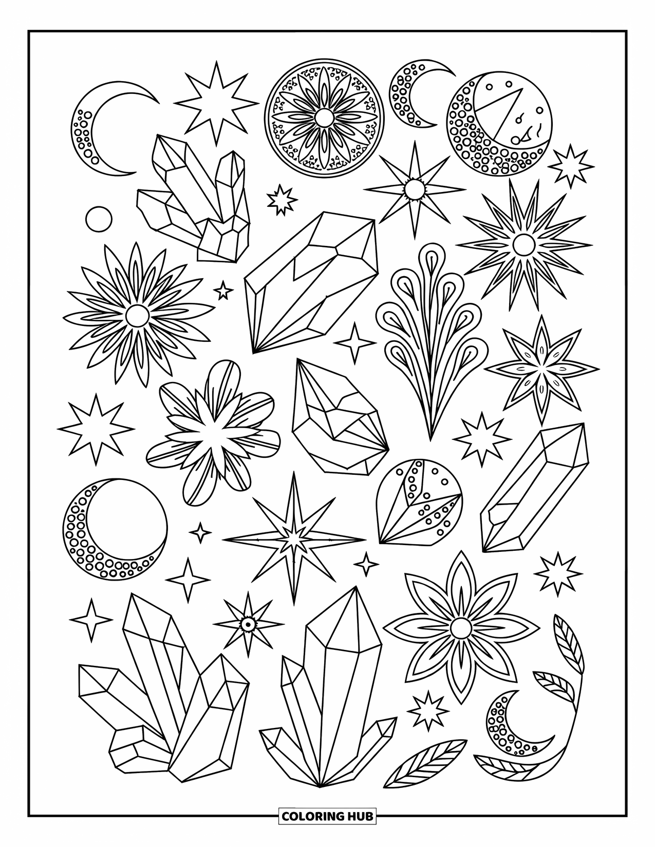 Desenho de hippie para colorir para adultos: Uma mandala de luas, estrelas e cristais forma um design floral pacífico