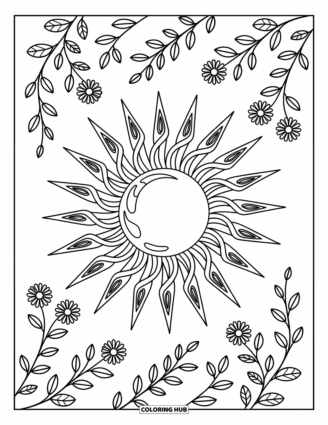 Desenho de hippie para colorir para adultos: Um sol mandala brilha com raios rodopiantes, vinhas e padrões florais por toda parte