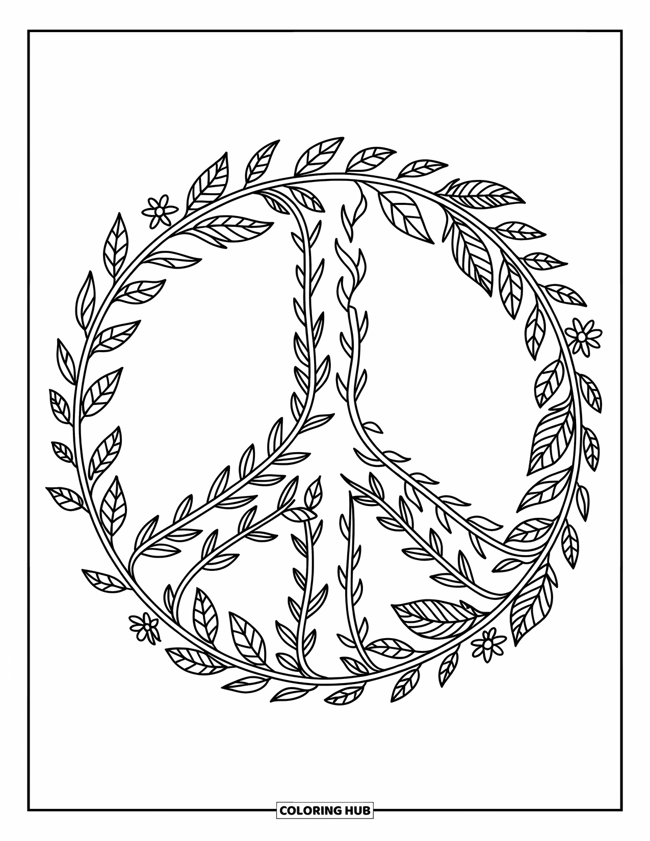 Desenho de hippie para colorir para adultos: Um sinal de paz feito de vinhas, penas e pequenas flores cria um design suave