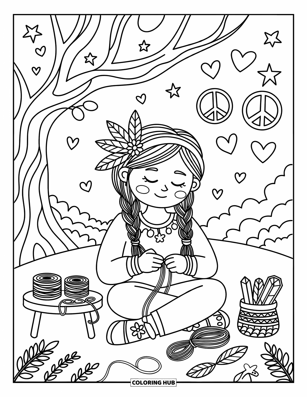 Desenho de hippie para colorir para adultos: Um momento de paz sob uma árvore com pulseiras de amizade, penas e pequenos cristais