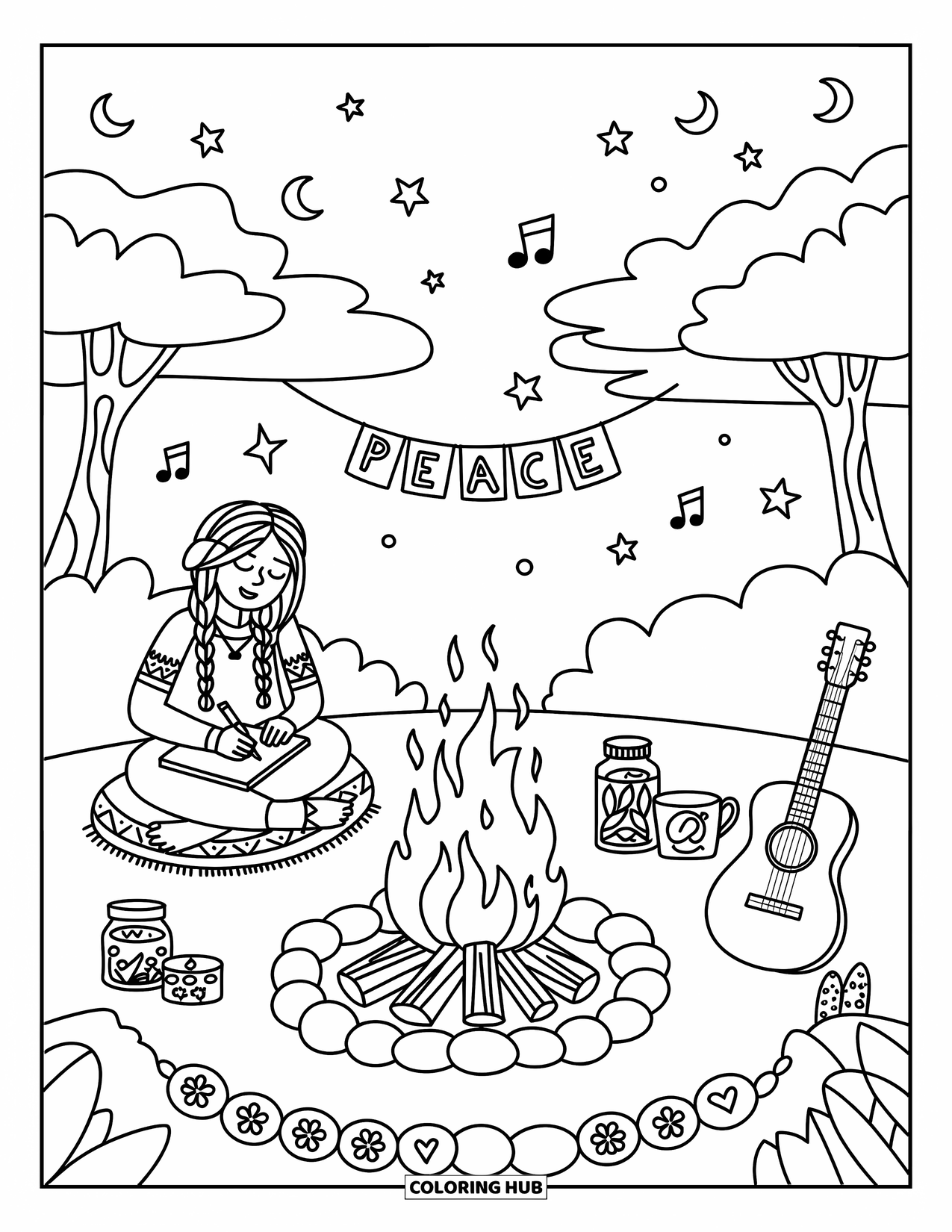 Desenho Hippie para Colorir para Adultos: Uma noite tranquila junto à fogueira com chá, notas musicais e estrelas iluminadas pela lua acima
