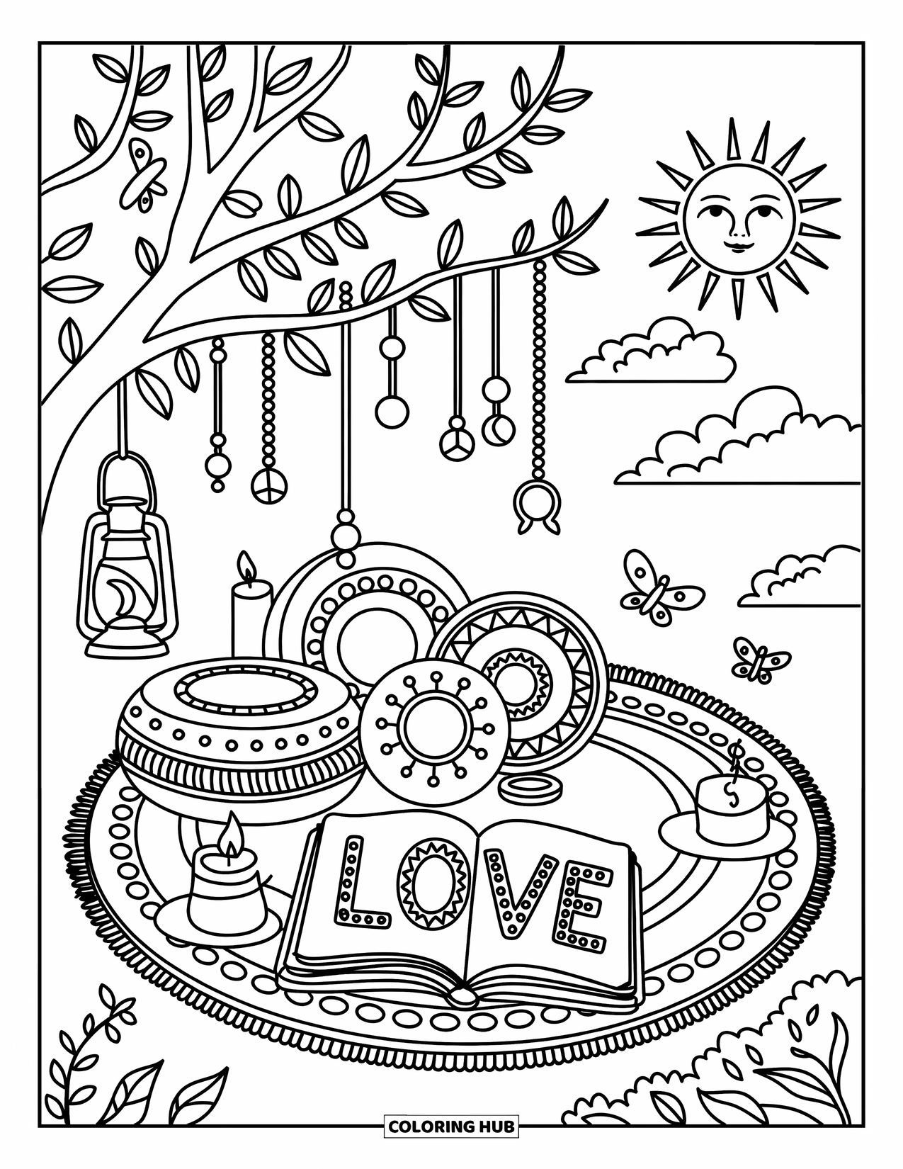 Desenho Hippie para Colorir para Adultos: Um local tranquilo com almofadas, uma lanterna e borboletas flutuantes sob árvores frondosas