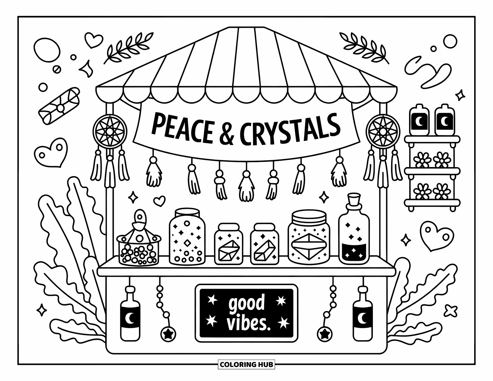 Desenho de hippie para colorir para adultos: Uma barraca de paz com cristais, pulseiras e corações flutuantes sob uma faixa de Paz & Cristais