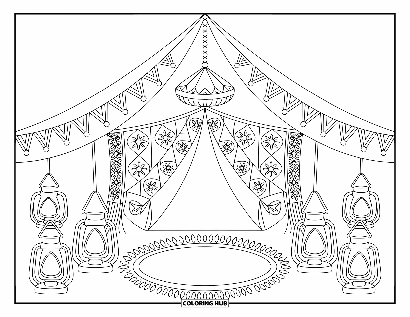 Desenho de hippie para colorir para adultos: Uma tenda pacífica brilha com luzes estampadas, tapetes tecidos e tapeçarias artísticas