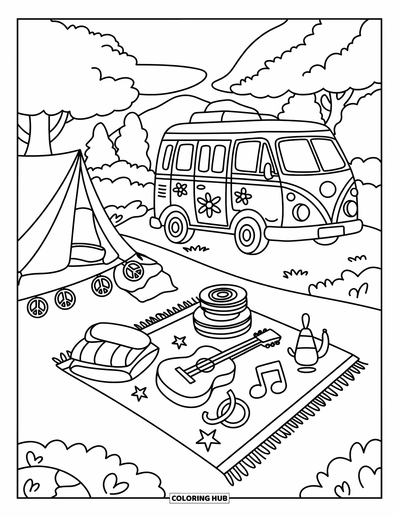 Desenho Hippie para Colorir para Adultos: Uma configuração de van tranquila com travesseiros macios, notas musicais e um bule brilhante