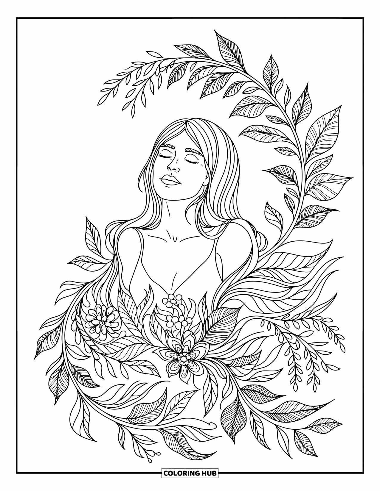 Desenho de hippie para colorir para adultos: Uma mulher pacífica com os olhos fechados é cercada por flores e vinhas graciosas