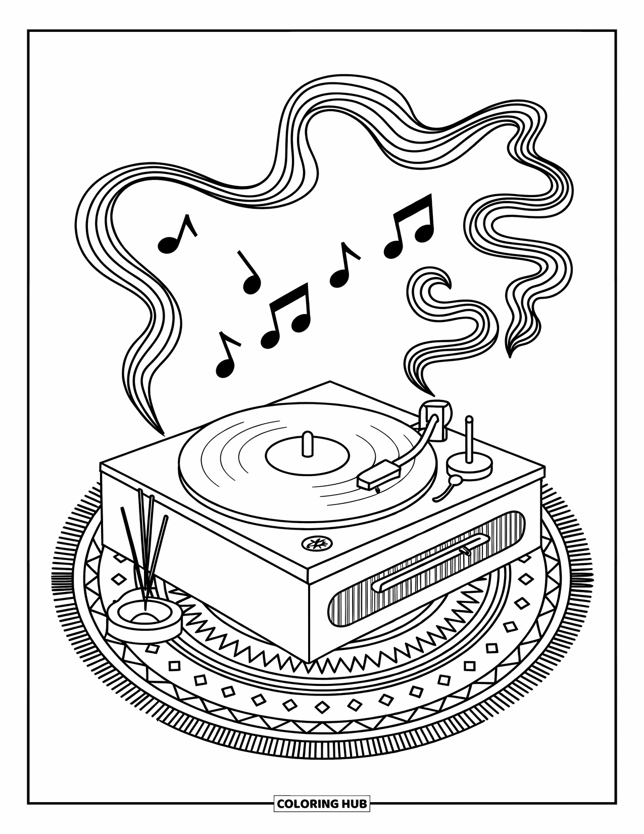 Desenho de hippie para colorir para adultos: Um toca-discos fica em um tapete estampado, cercado por incenso e notas musicais