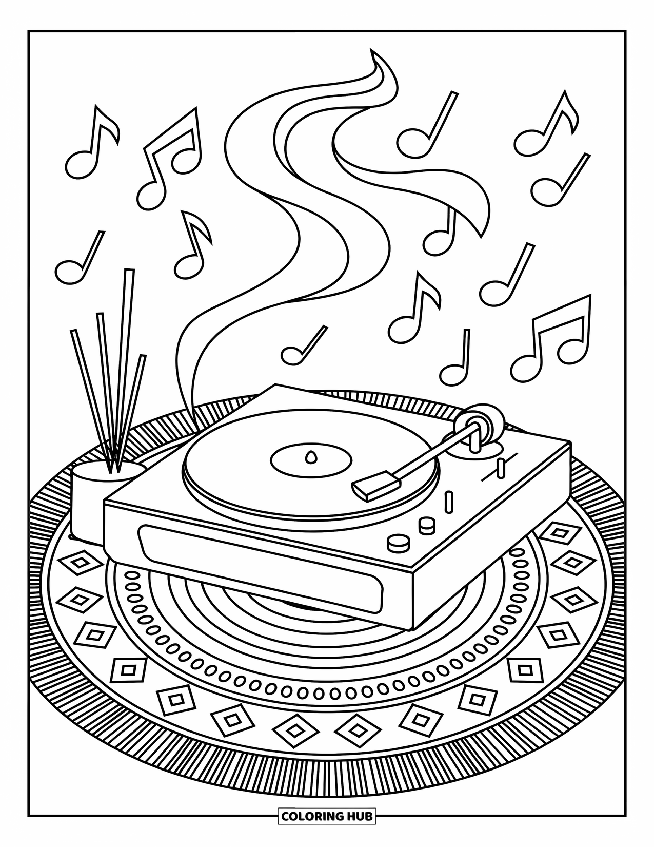 Desenho de hippie para colorir para adultos: Um toca-discos retrô toca músicas com fumaça de incenso e notas rodopiantes ao seu redor