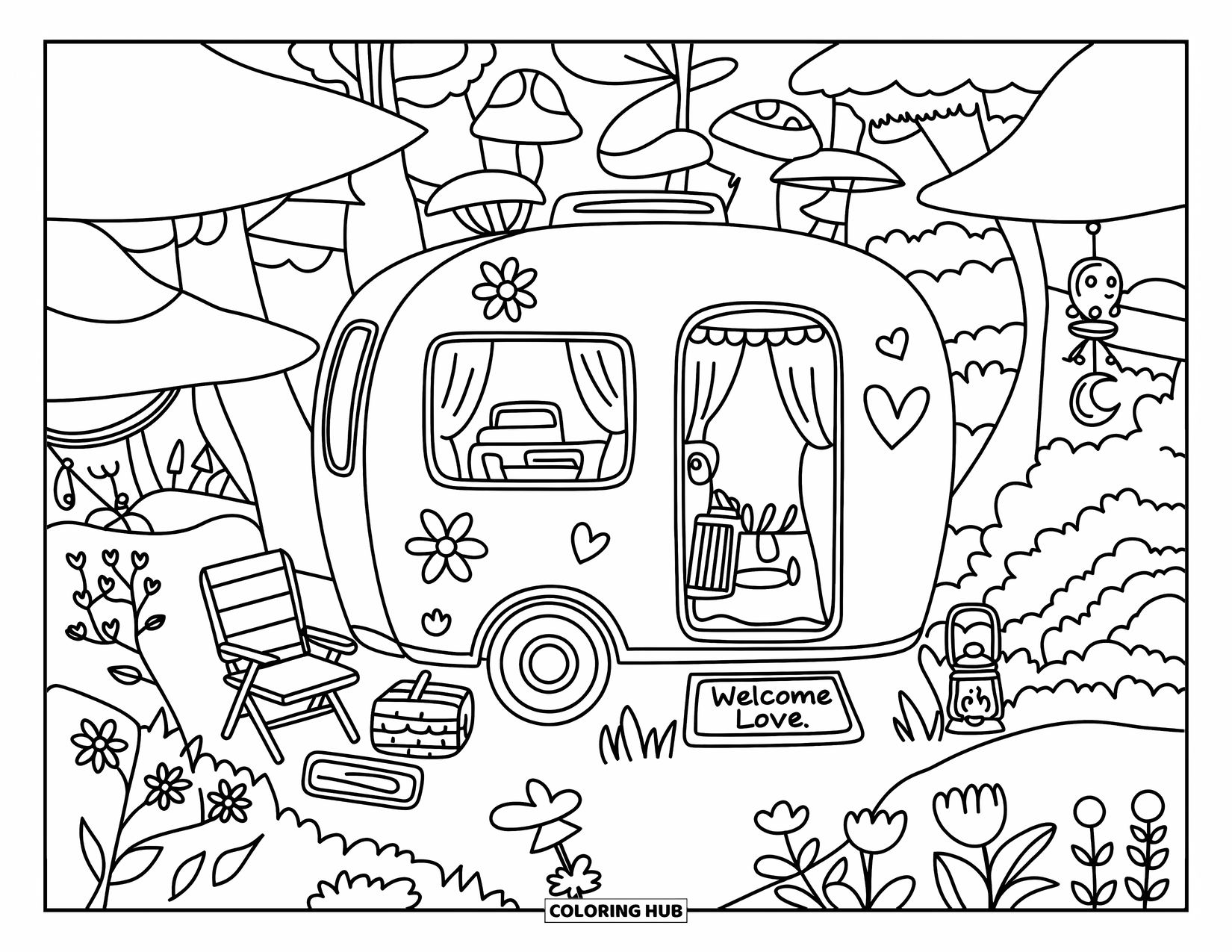Desenho de hippie para colorir para adultos: Uma caravana arredondada com corações e flores descansa pacificamente entre lanternas e cogumelos
