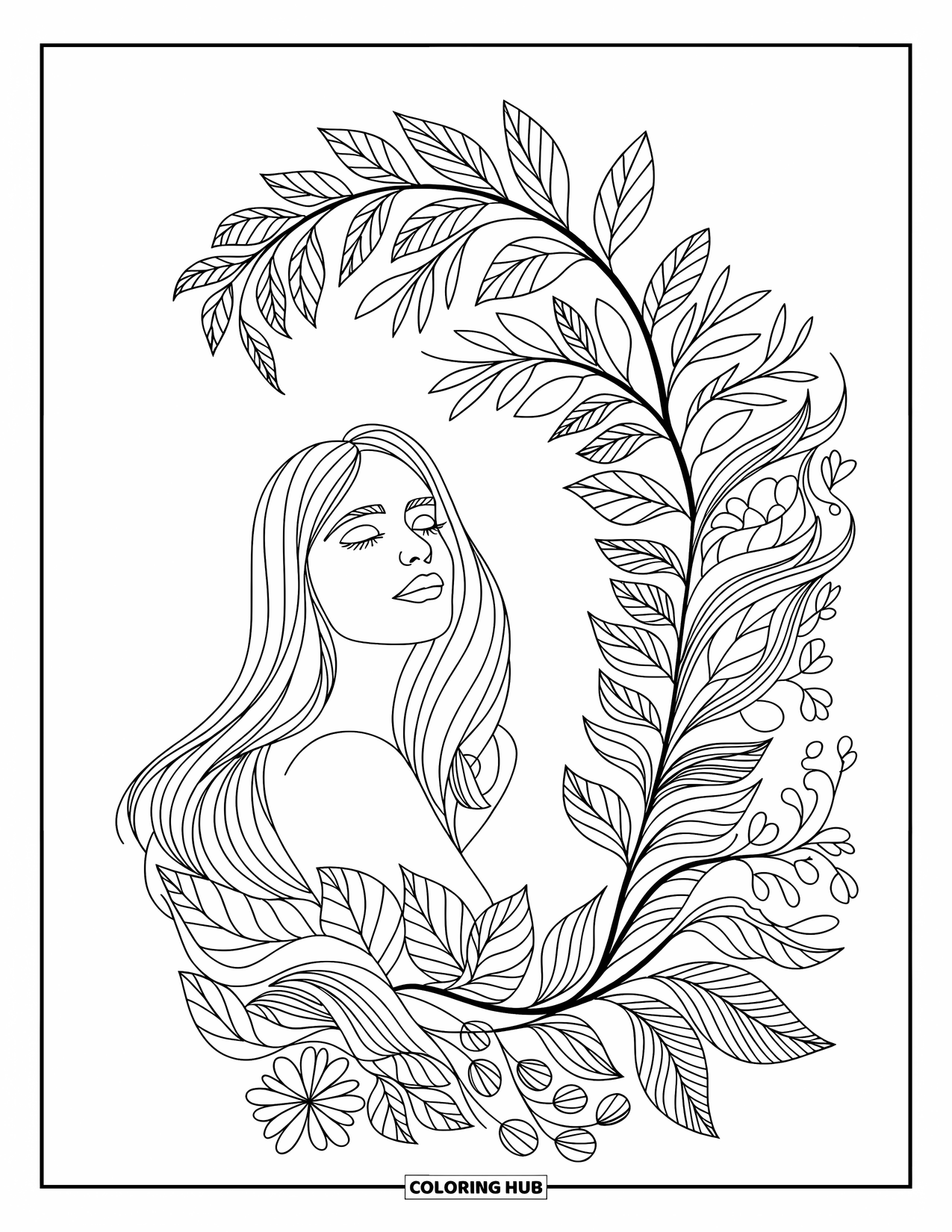 Desenho de hippie para colorir para adultos: Uma mulher serena com cabelos esvoaçantes é emoldurada por uma aura floral florescente