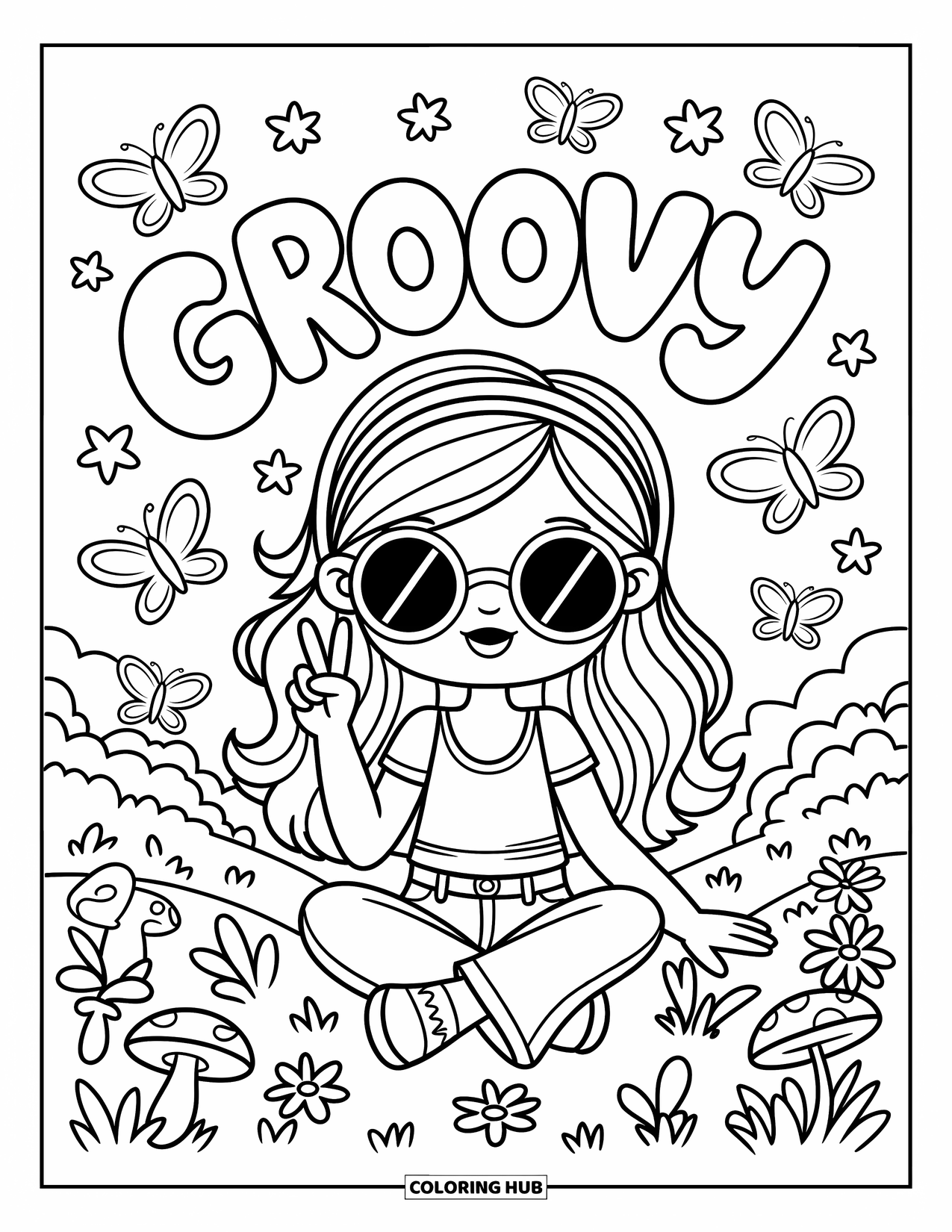Desenho de hippie para colorir para adultos: Uma garota hippie sorridente com cogumelos e borboletas ao redor mostra um sinal de paz
