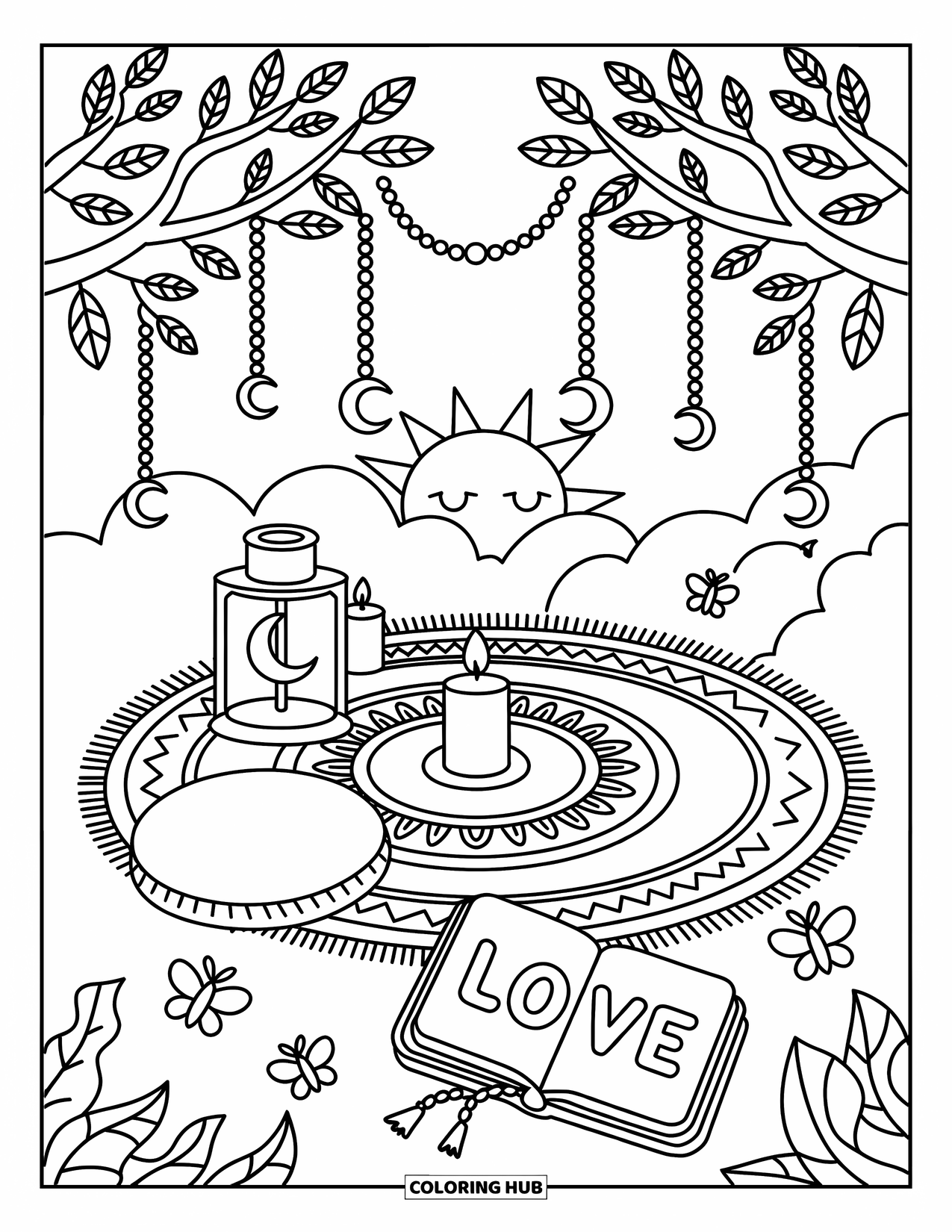 Desenho Hippie para Colorir para Adultos: Um tapete macio sob uma árvore com lanternas, diários e um sol sorrindo calmo