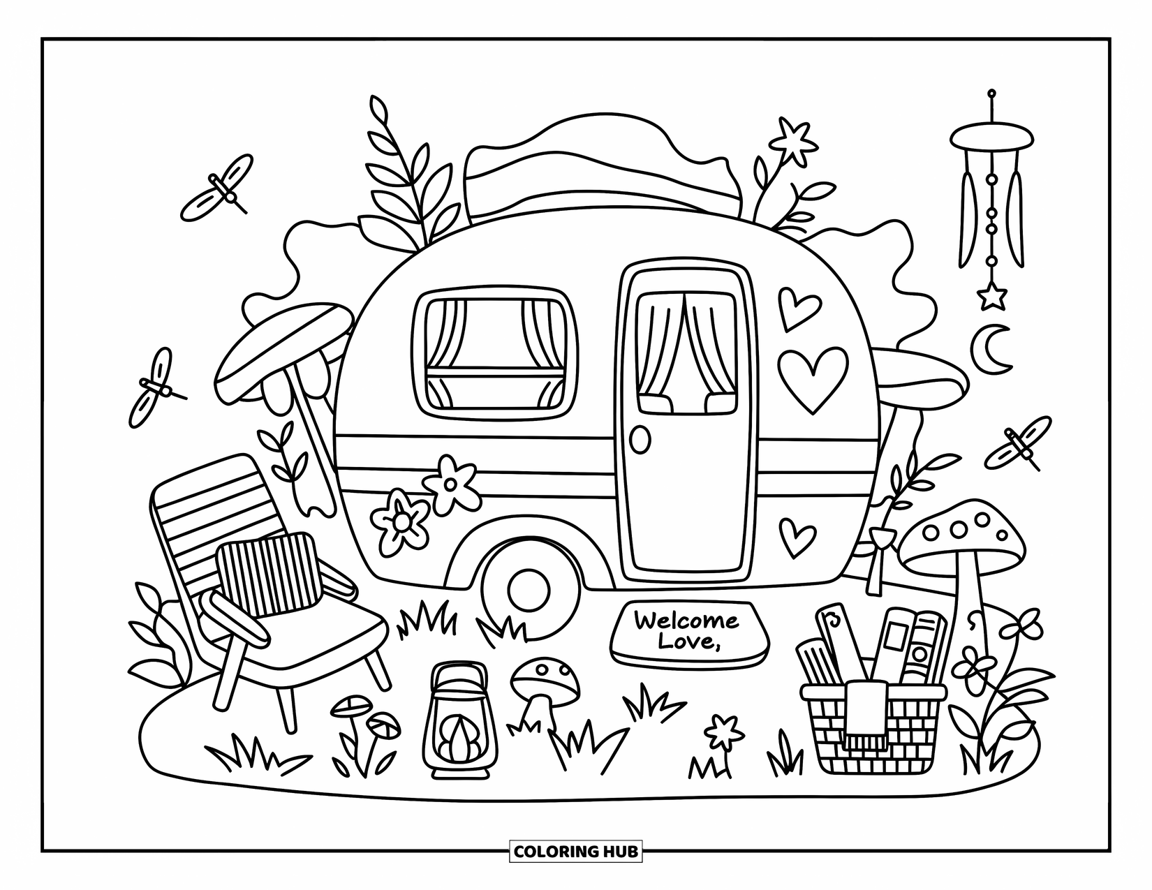 Desenho de hippie para colorir para adultos: Uma doce caravana na floresta com cadeiras de camping, livros e vaga-lumes mágicos