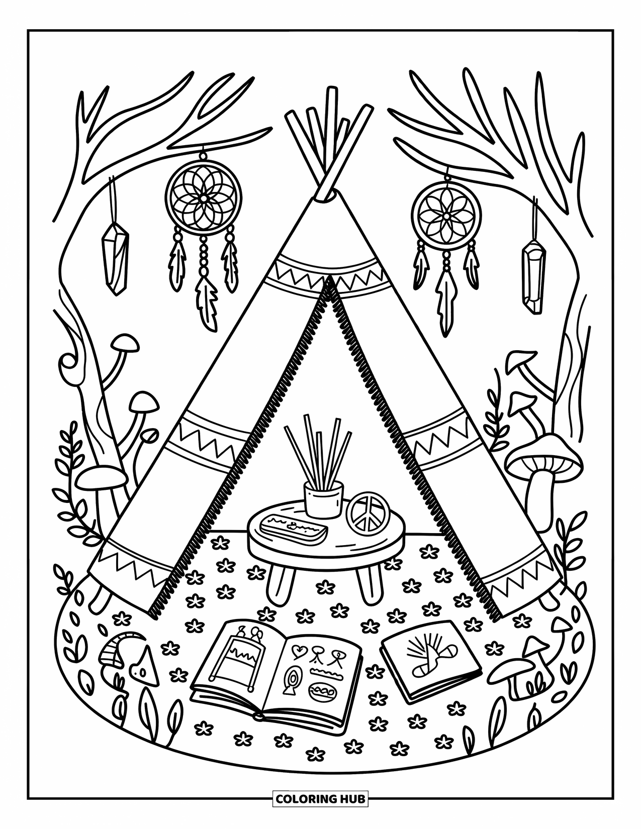 Desenho de hippie para colorir para adultos: Uma tenda fica em uma clareira de flores com cristais, esboços e filtros dos sonhos acima