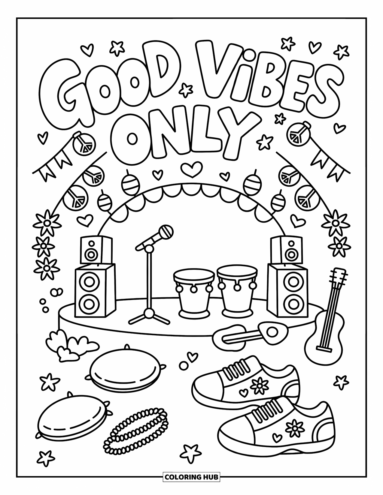 Desenho de hippie para colorir para adultos: Um pequeno palco com bandeiras da paz e tambores convida todos a relaxar com Apenas Boas Vibrações