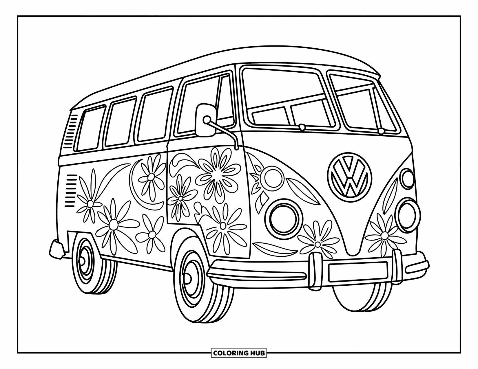 Desenho de hippie para colorir para adultos: Uma Kombi VW vintage se destaca com flores psicodélicas e design equilibrado e detalhado