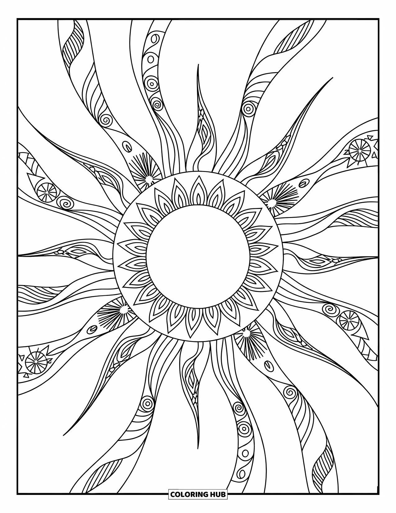 Desenho de hippie para colorir para adultos: Raios abstratos e flores irradiam de um sol mandala ousado e pacífico