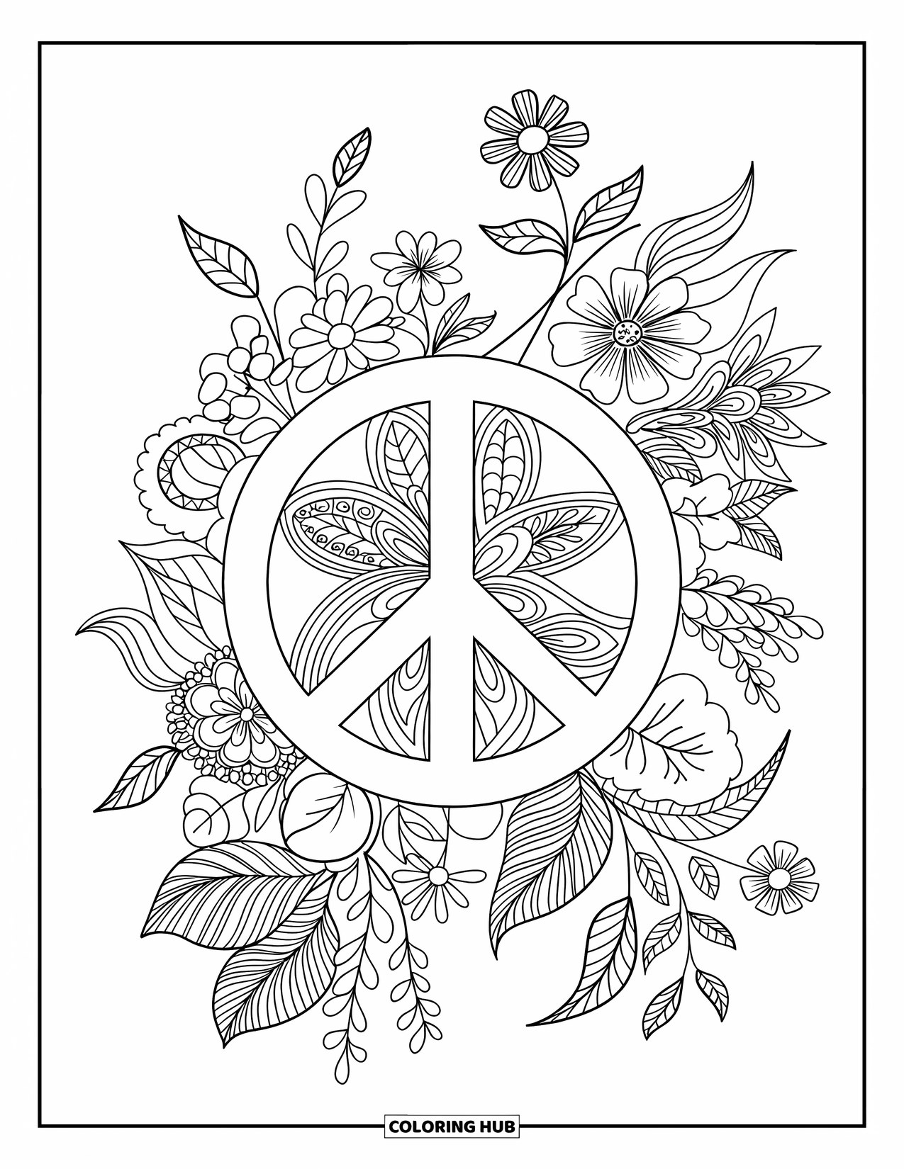 Desenho de hippie para colorir para adultos: Uma mandala intrincada combina sinais de paz e redemoinhos florais em perfeita harmonia