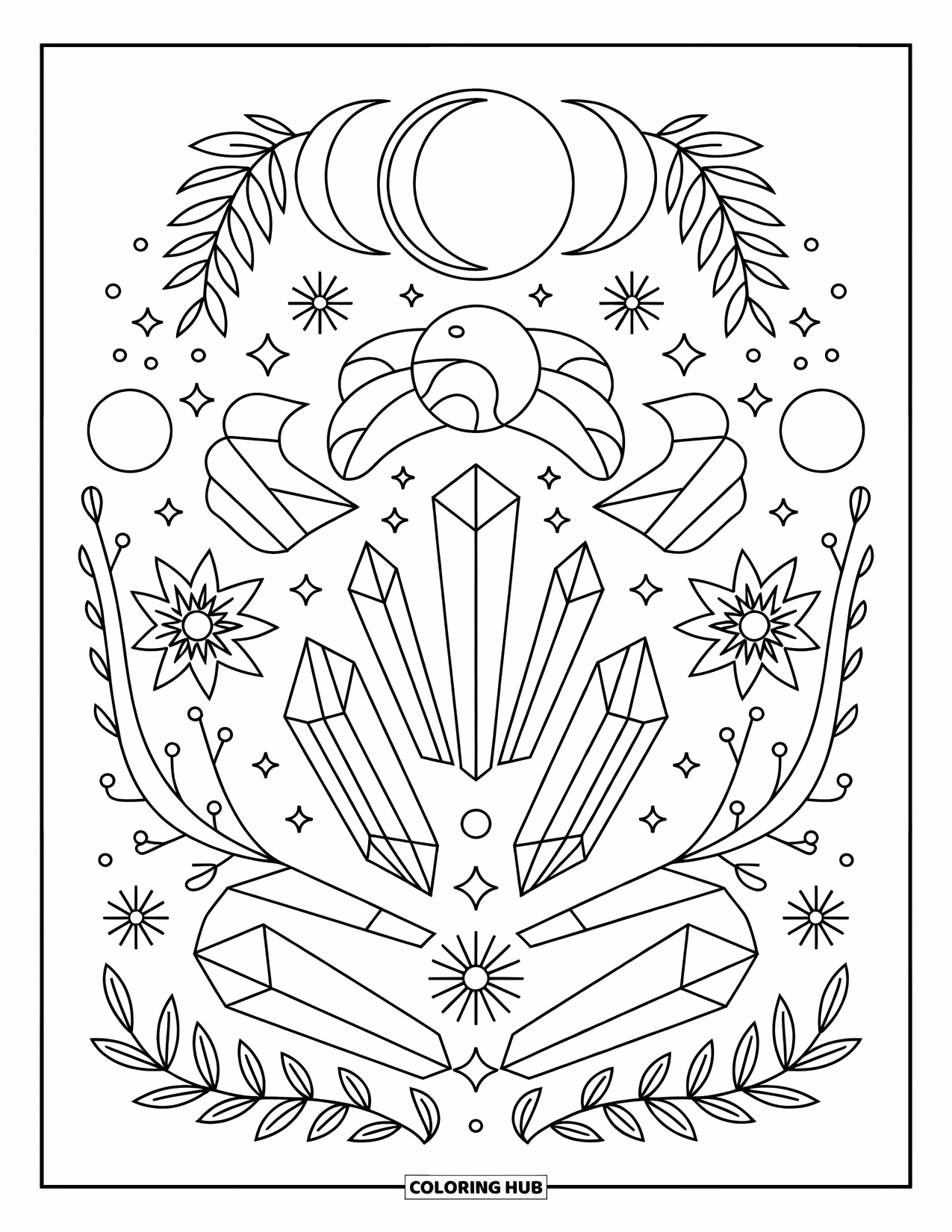 Desenho de hippie para colorir para adultos: Cristais, flores, luas e redemoinhos se unem em um círculo de harmonia relaxante