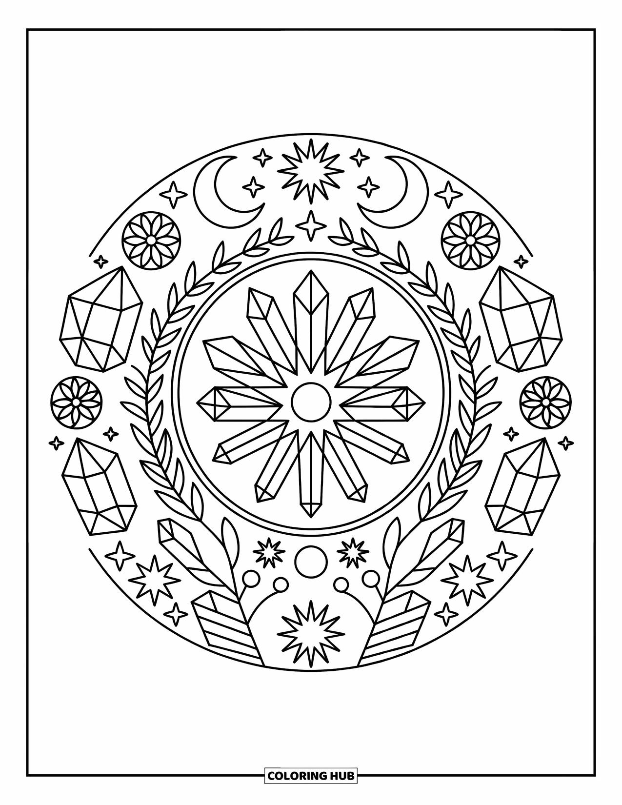 Desenho de hippie para colorir para adultos: Cristais, estrelas, luas e flores giram em um belo e equilibrado círculo de harmonia