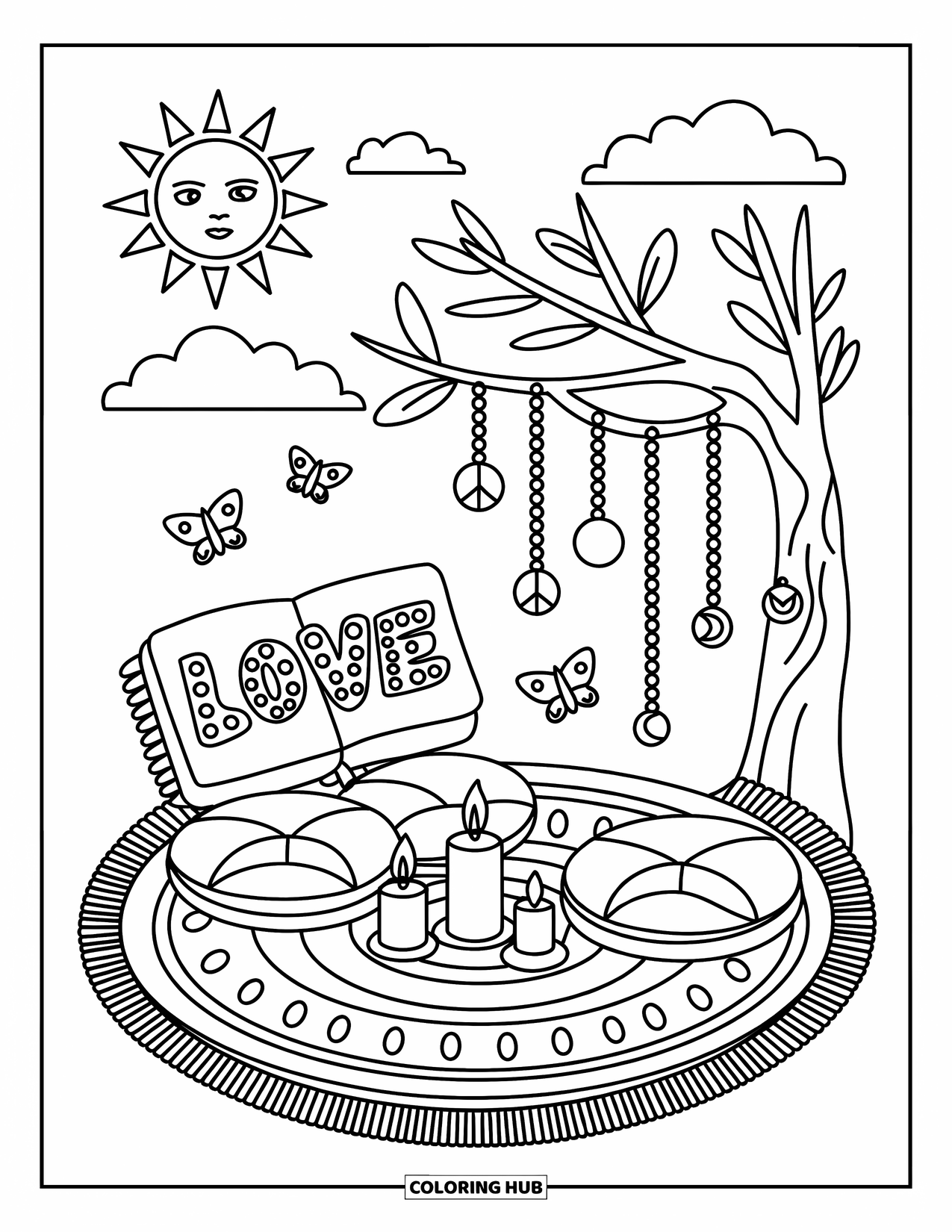 Desenho de hippie para colorir para adultos: Almofadas e velas circundam um tapete boho sob árvores com contas e borboletas