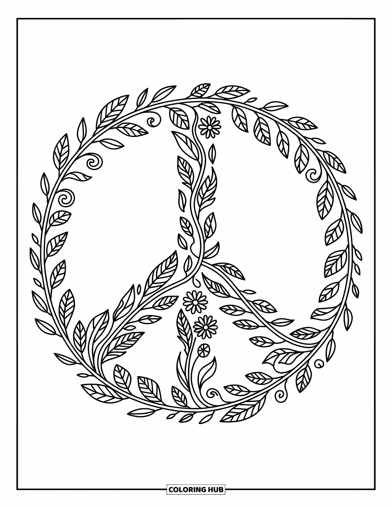 Desenho de hippie para colorir para adultos: Penas e flores delicadas formam um gracioso sinal de paz de vinhas rodopiantes