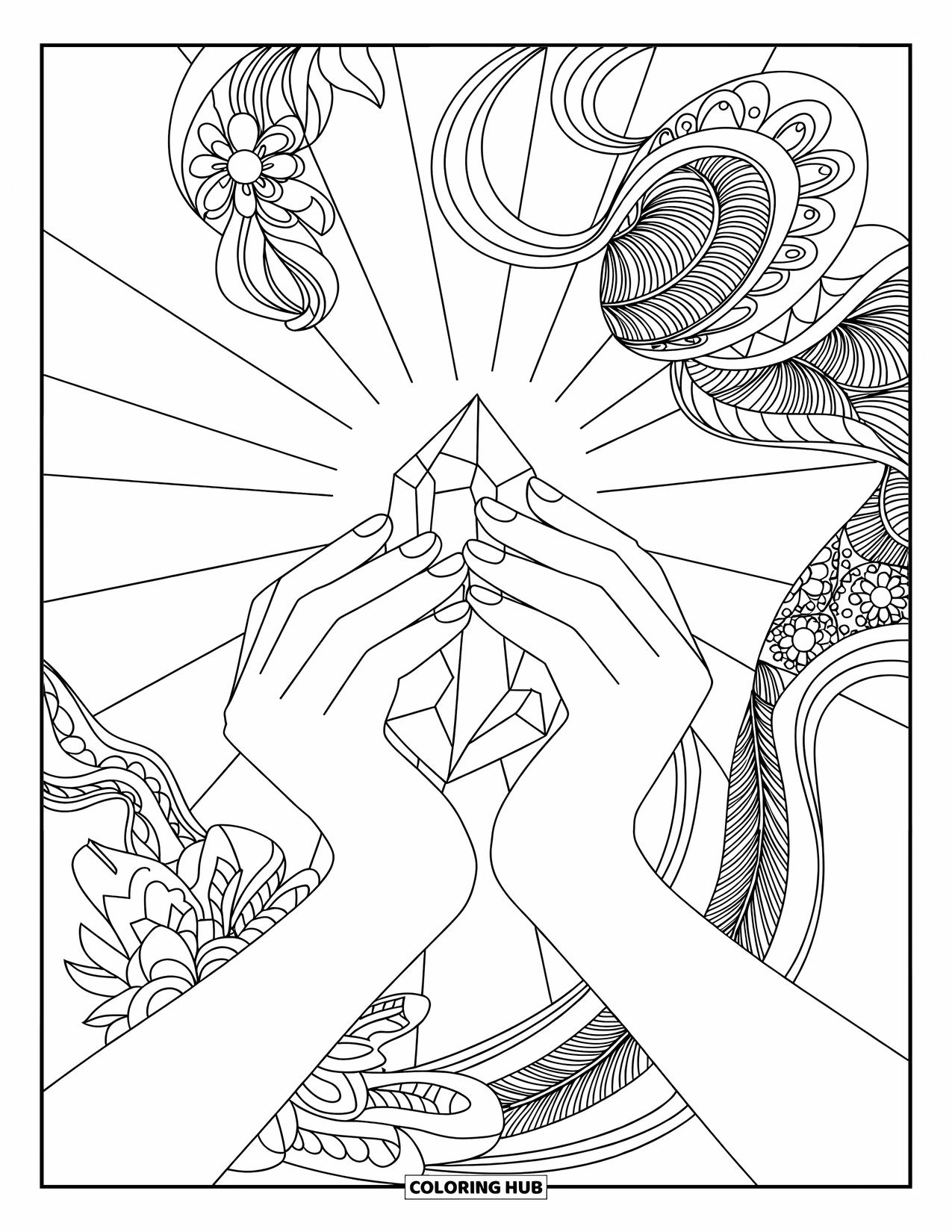 Desenho de hippie para colorir para adultos: Mãos seguram um cristal cercado por uma mandala brilhante e detalhes rodopiantes